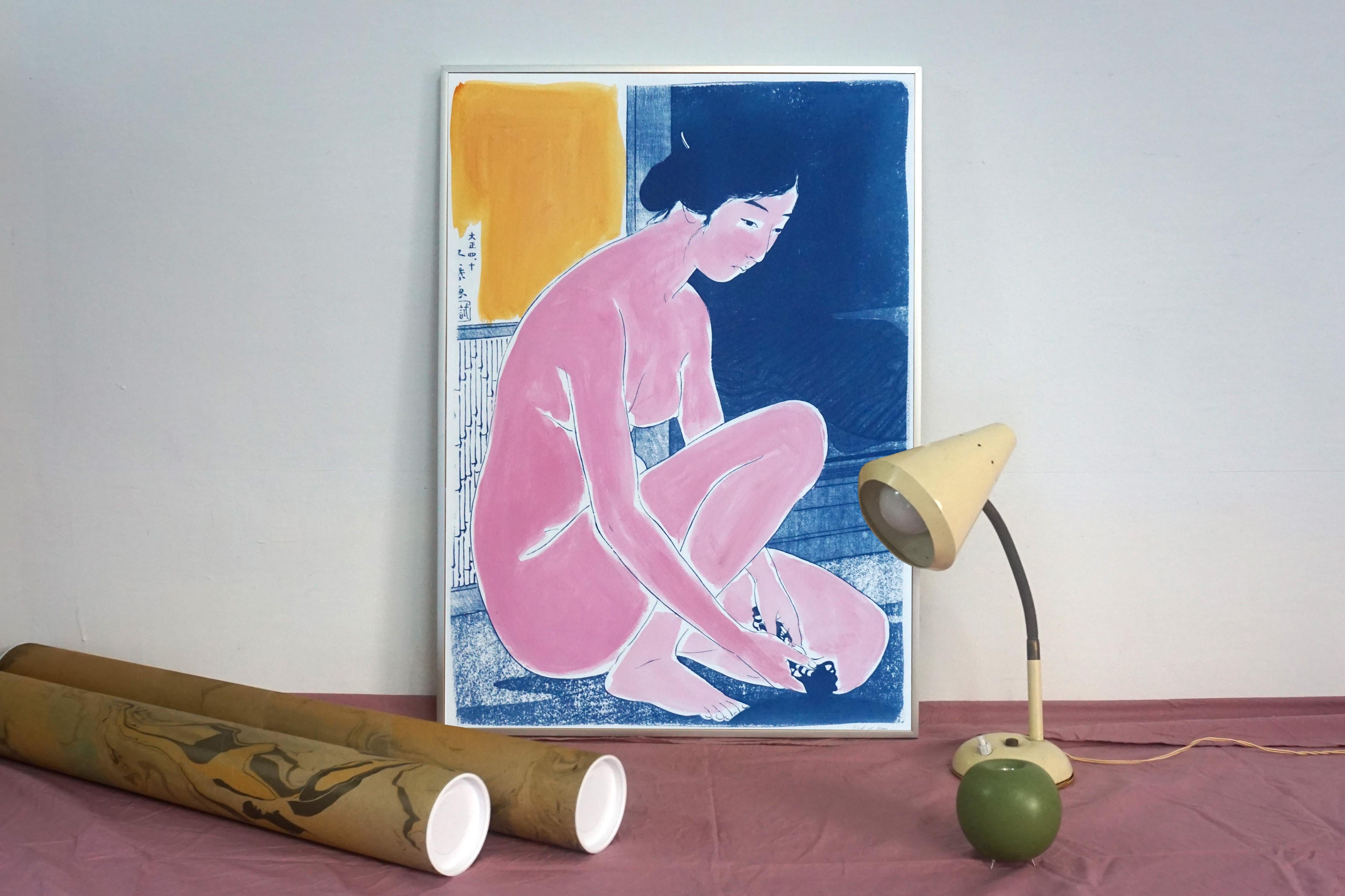 Hashiguchi Goyo Inspired Ukiyo-e, Nude Cyanotype, Handmade Painting Touch, 2021 - Old Masters Print by Kind of Cyan