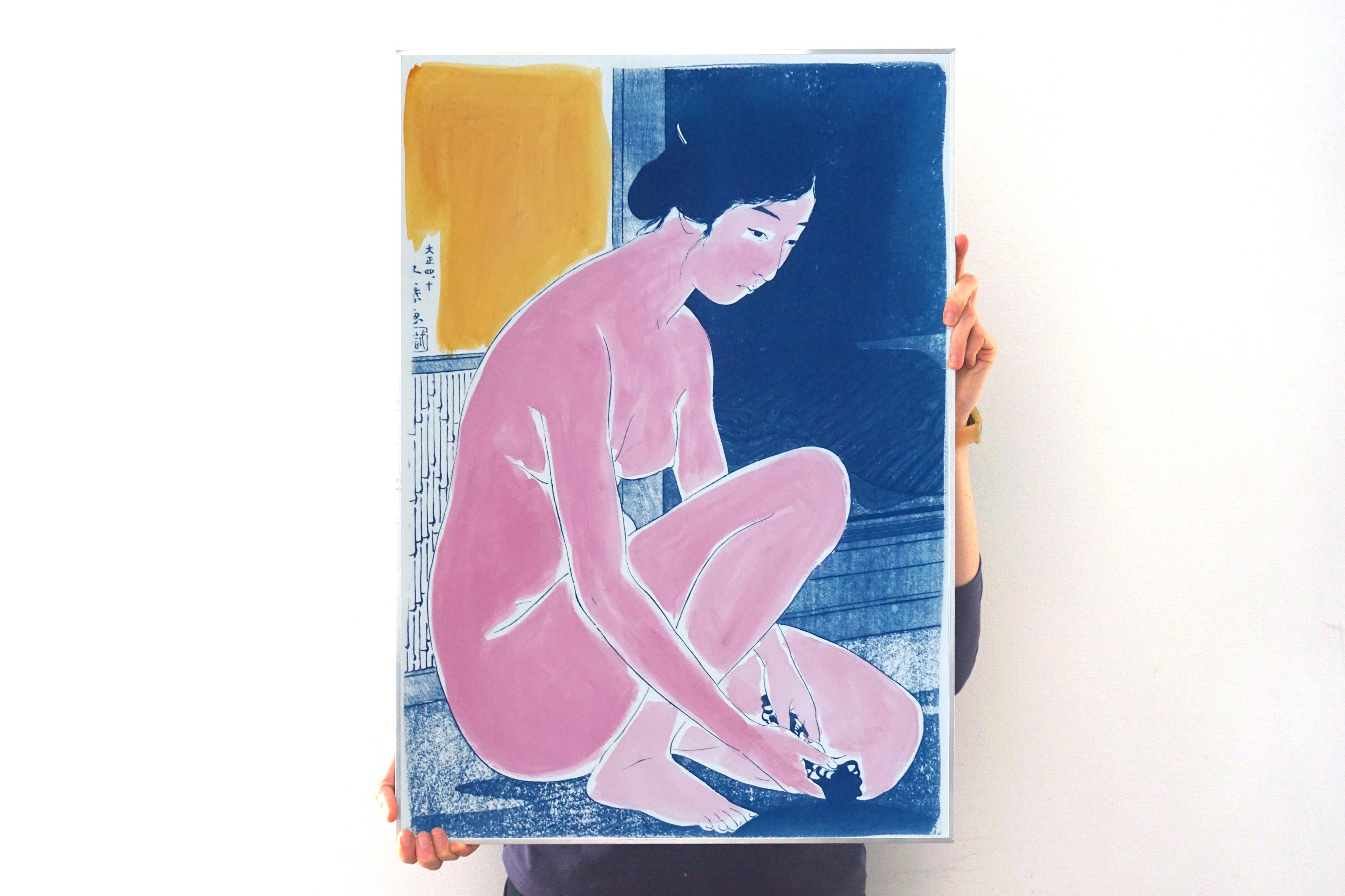 Hashiguchi Goyo Inspired Ukiyo-e, Nude Cyanotype, Handmade Painting Touch, 2021 - Print by Kind of Cyan