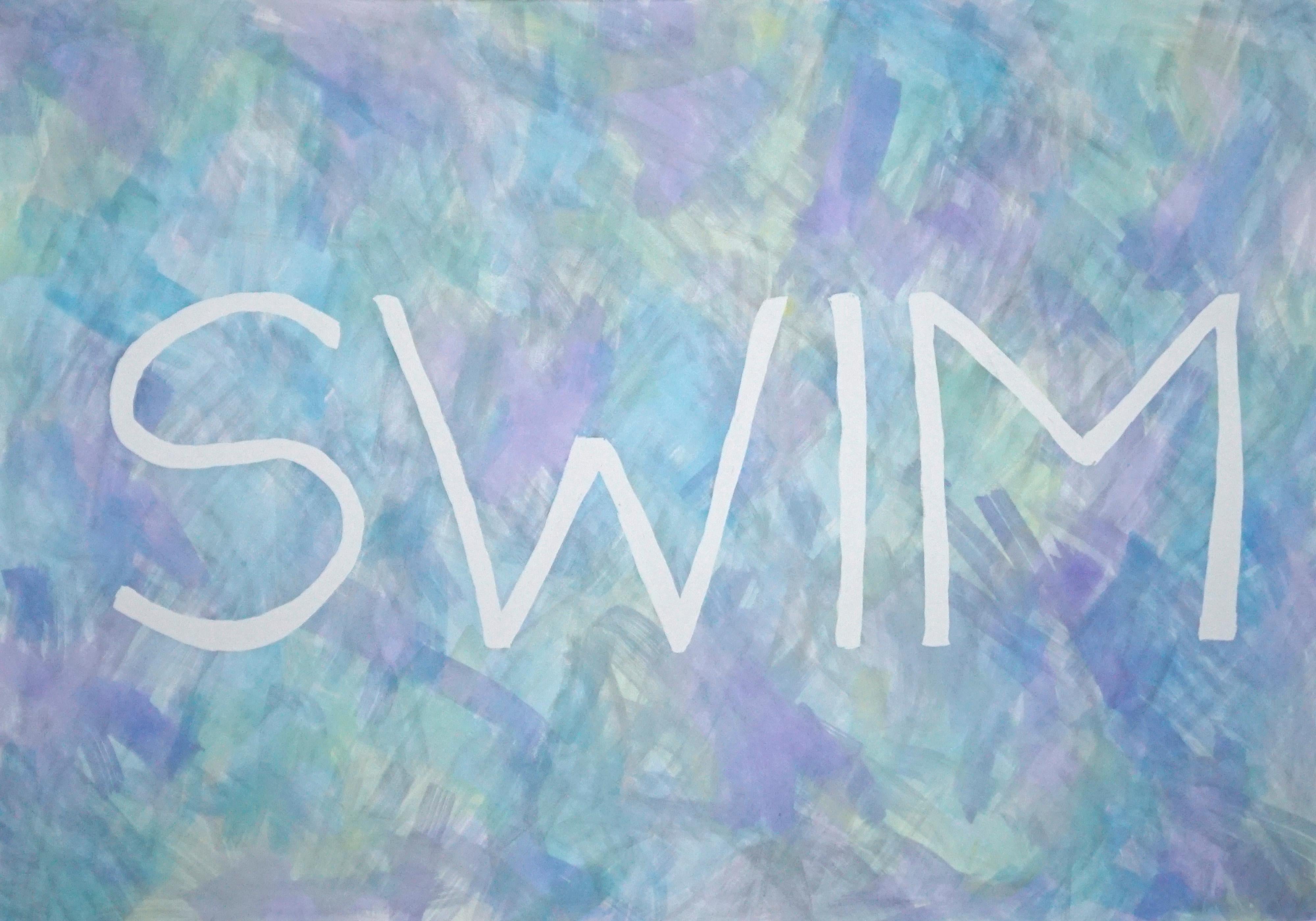 Swim, Summer Fresh Painting on Paper, Word Art Pastel Tones Typography in Purple