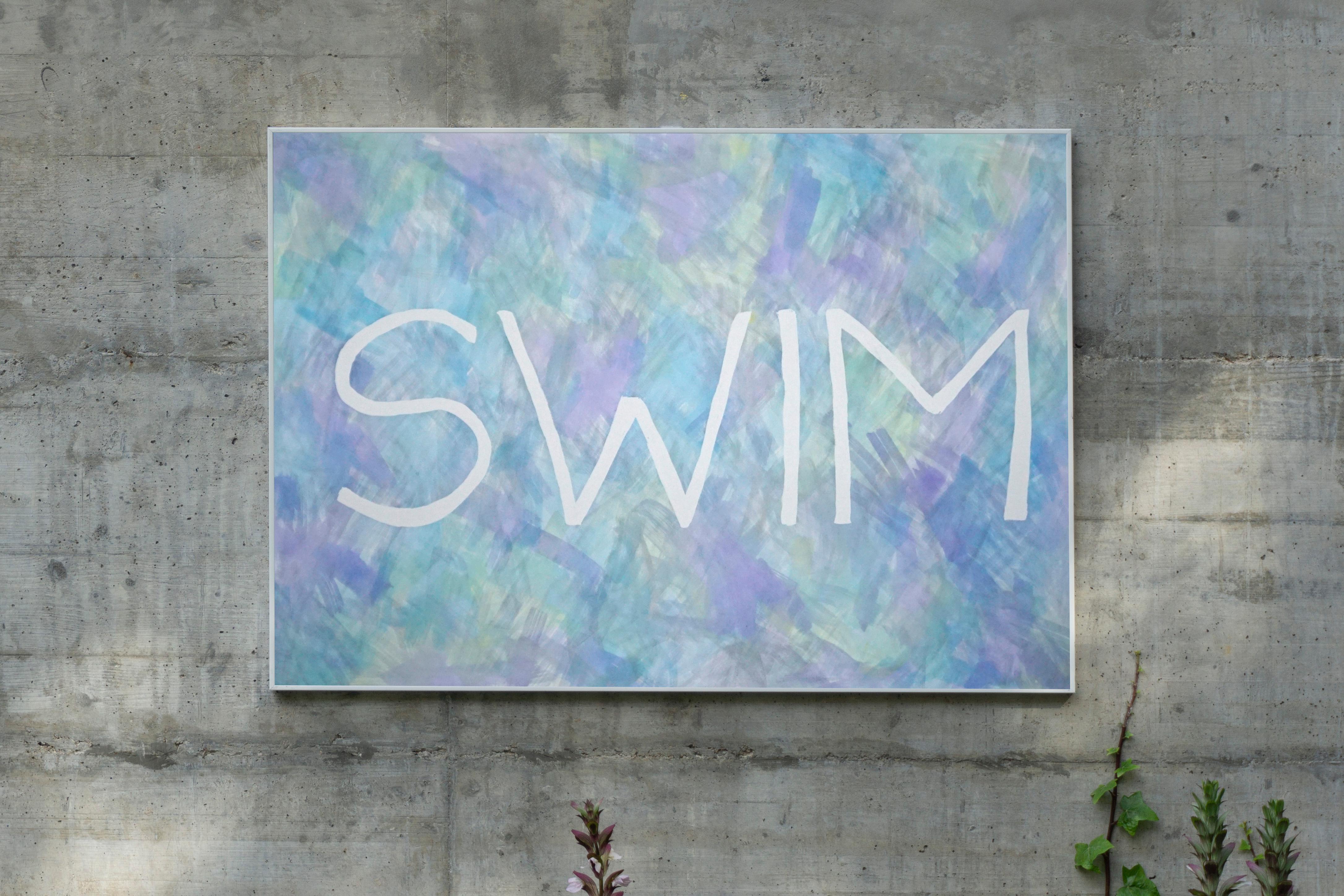 Swim, Summer Fresh Painting on Paper, Word Art - Typographie aux tons pastel en violet - Bleu Still-Life Painting par Ryan Rivadeneyra