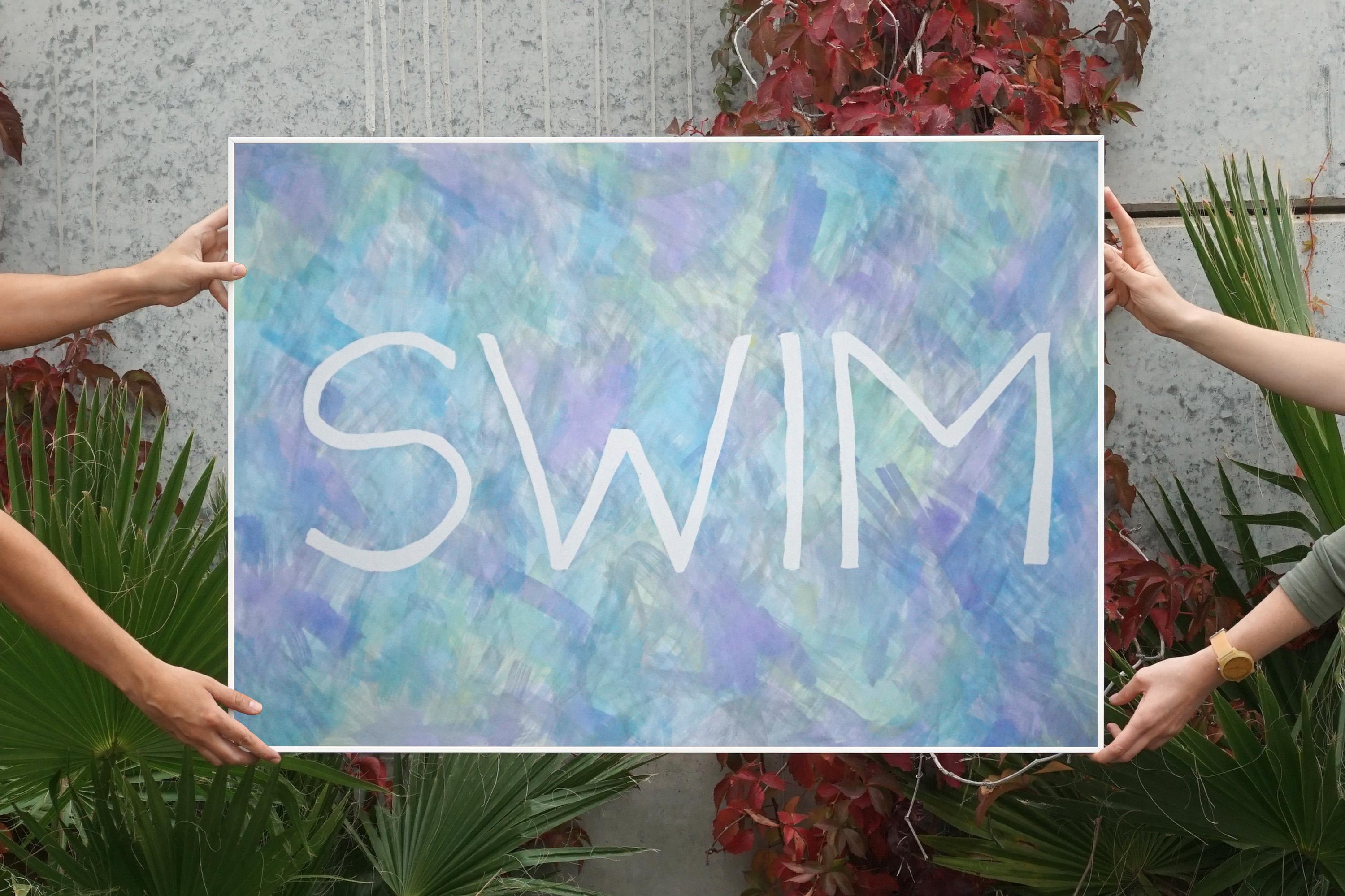 Swim, Summer Fresh Painting on Paper, Word Art Pastel Tones Typography in Purple For Sale 1