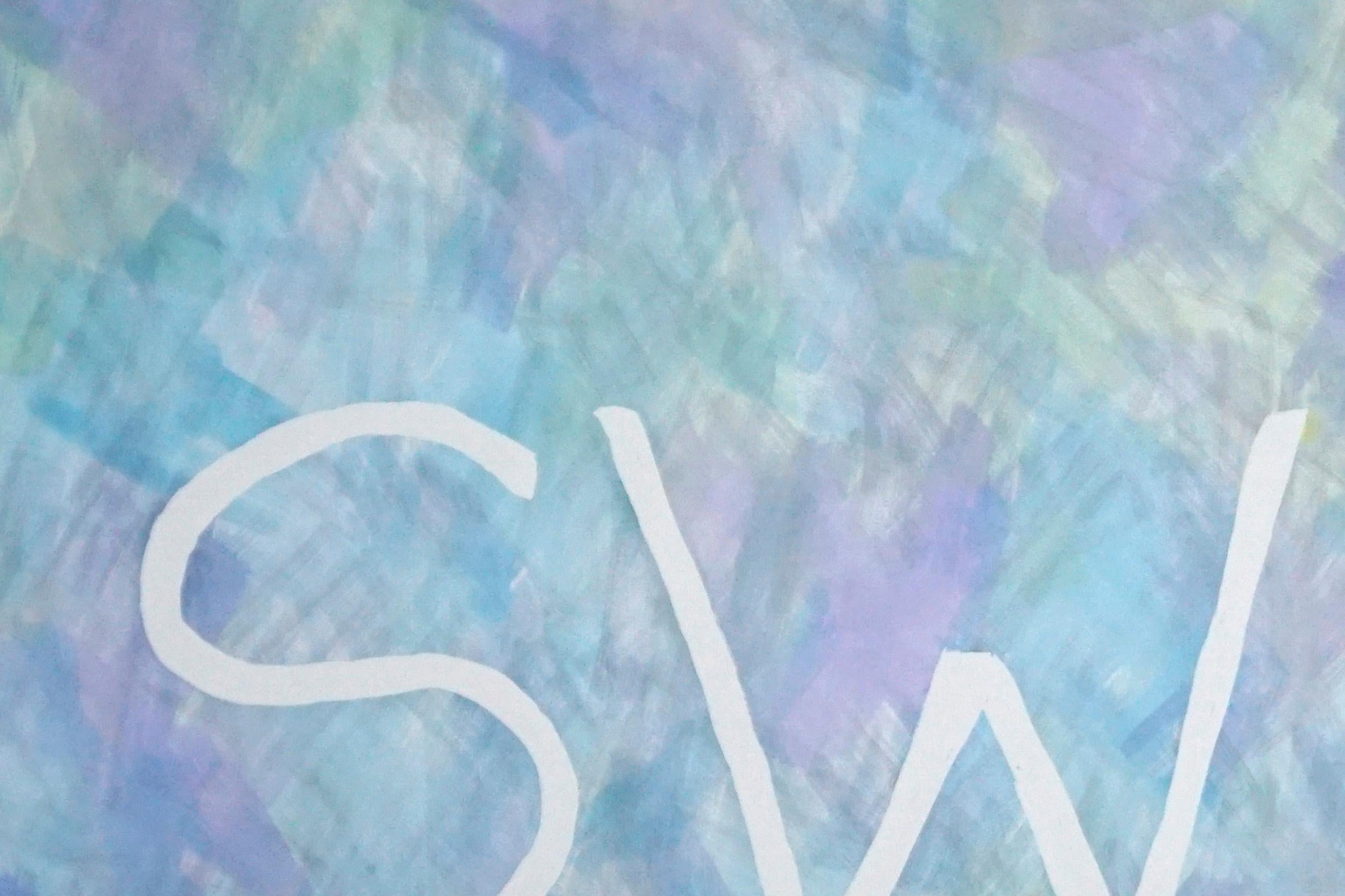 Swim, Summer Fresh Painting on Paper, Word Art Pastel Tones Typography in Purple - Blue Still-Life Painting by Ryan Rivadeneyra