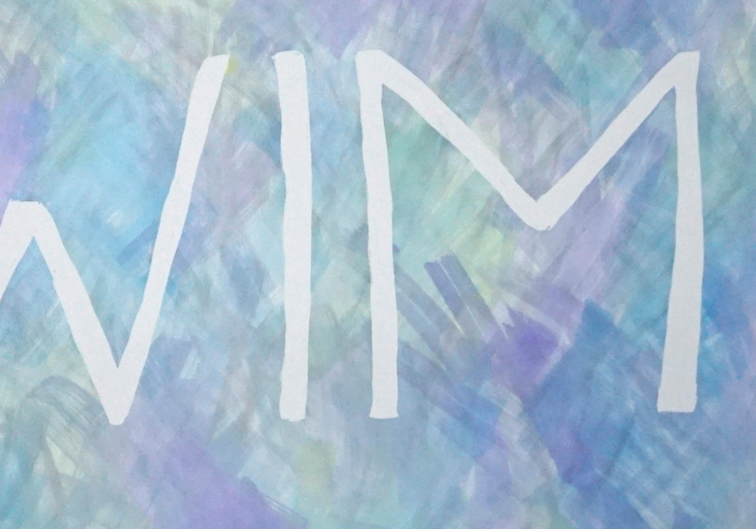 Swim, Sommersüßes Gemälde auf Papier, Pastellfarbene Typografie in Lila, Wortkunst (Blau), Still-Life Painting, von Ryan Rivadeneyra