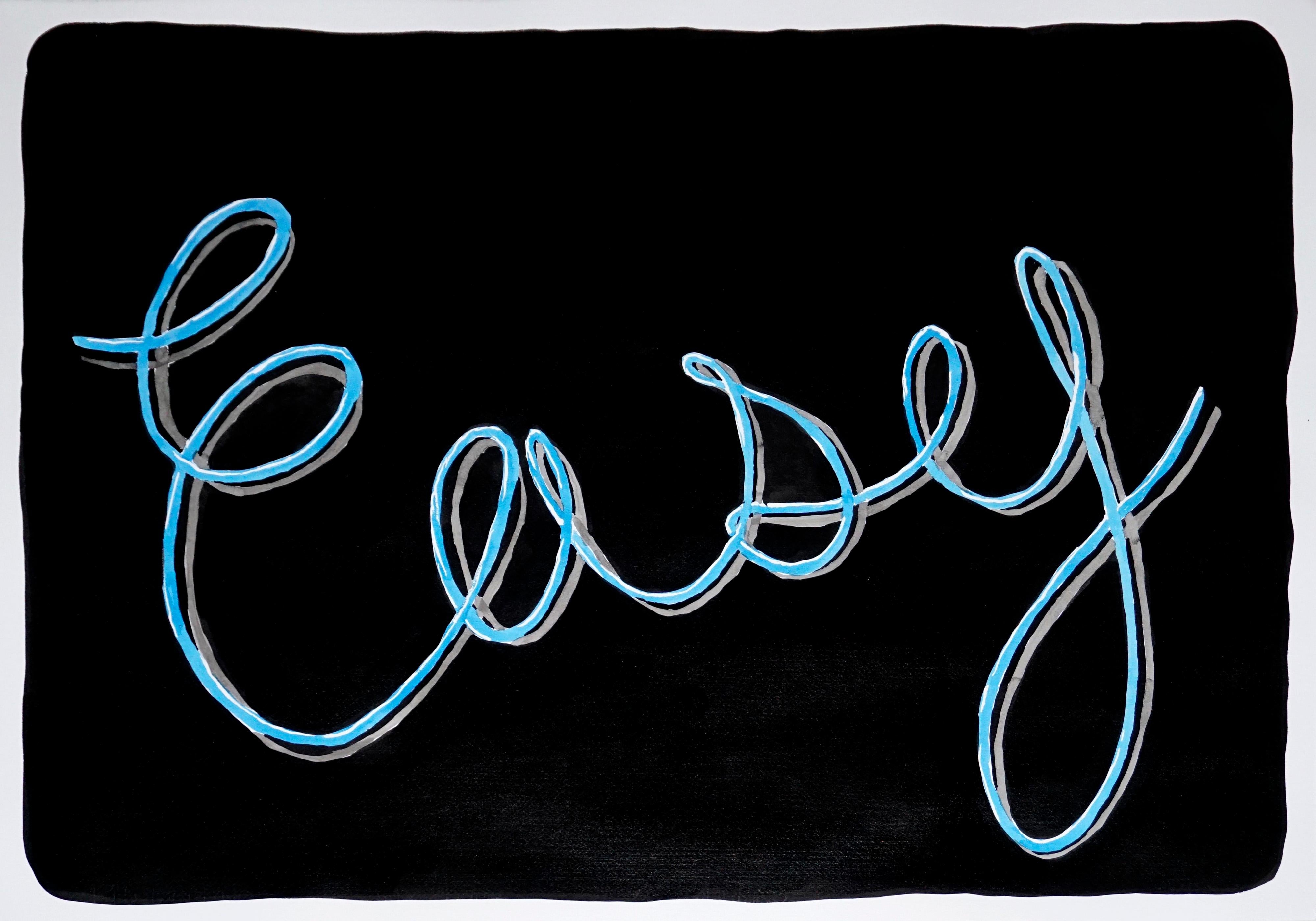 Easy, Black Background Calligraphy Painting on Paper, Word Art, Sky Blue, Grey