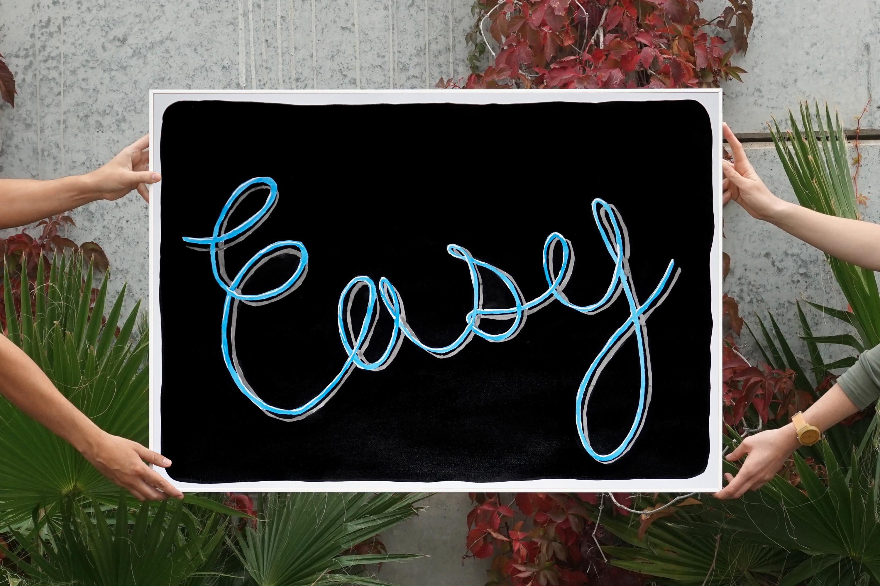 Easy, Black Background Calligraphy Painting on Paper, Word Art, Sky Blue, Grey For Sale 2
