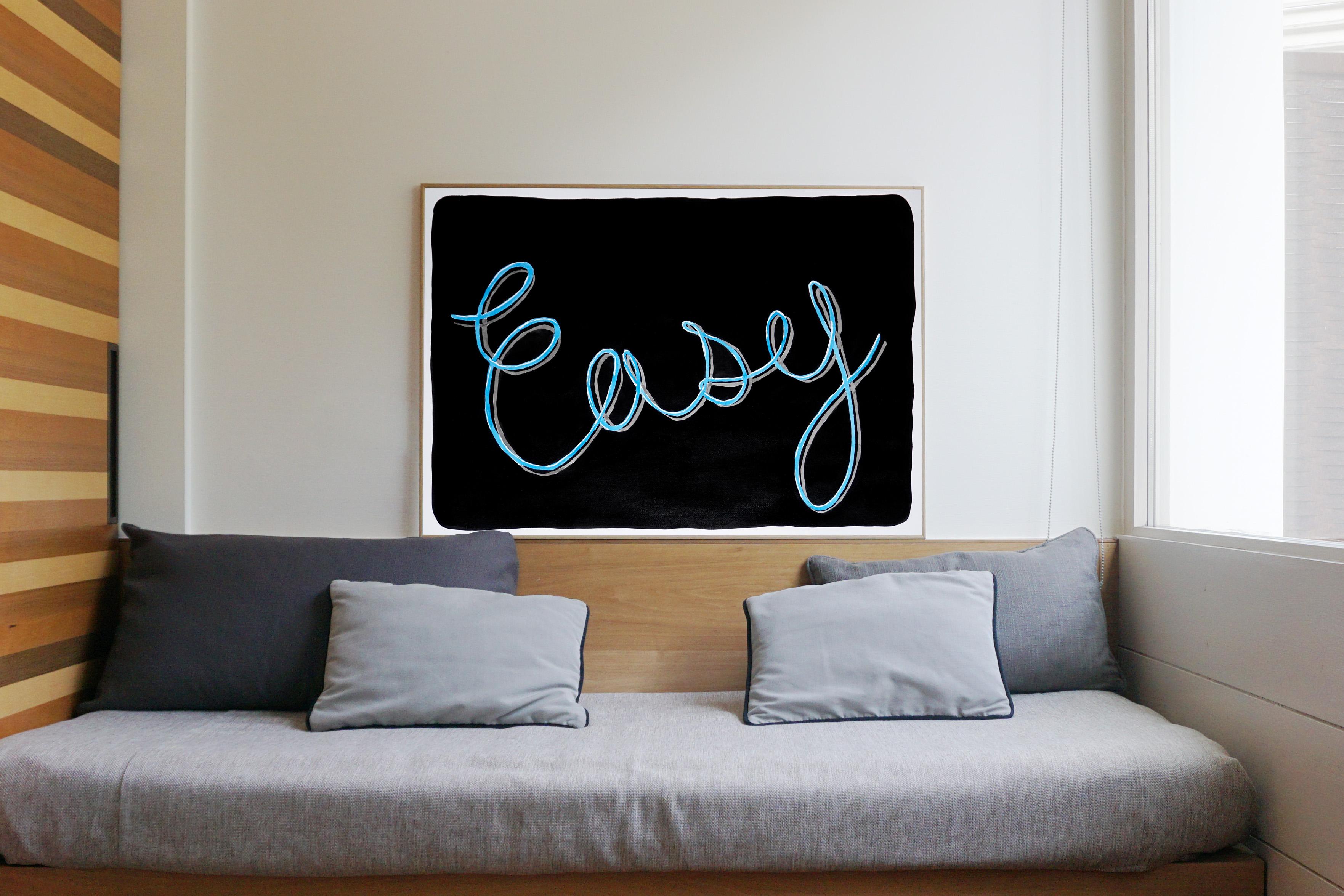 Easy, Black Background Calligraphy Painting on Paper, Word Art, Sky Blue, Grey For Sale 1