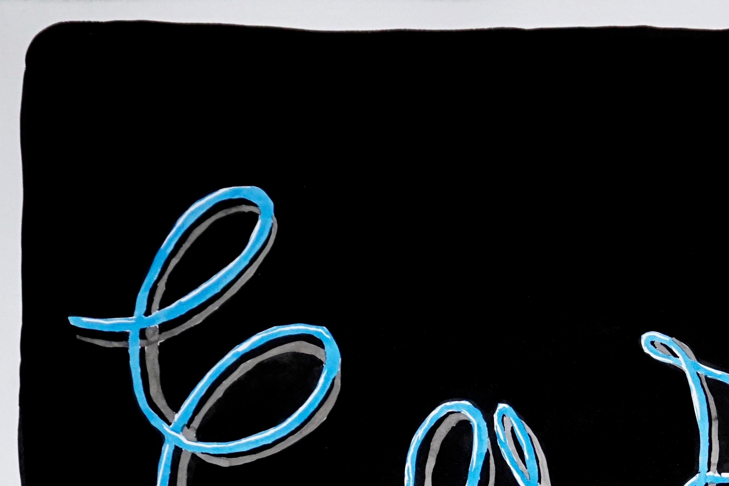 Easy, Pittura calligrafica su carta con sfondo nero, Word Art, Blu cielo, Grigio in vendita 1