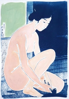 Hashiguchi Goyo Inspired Ukiyo-e, Nude Cyanotype, Handmade Painting Pastel Tones