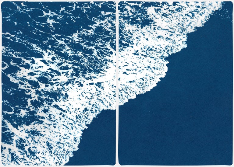 Kind of Cyan Landscape Art - Nautical Diptych of Deep Blue Sandy Shore, Original Cyanotype, Minimal Seascape