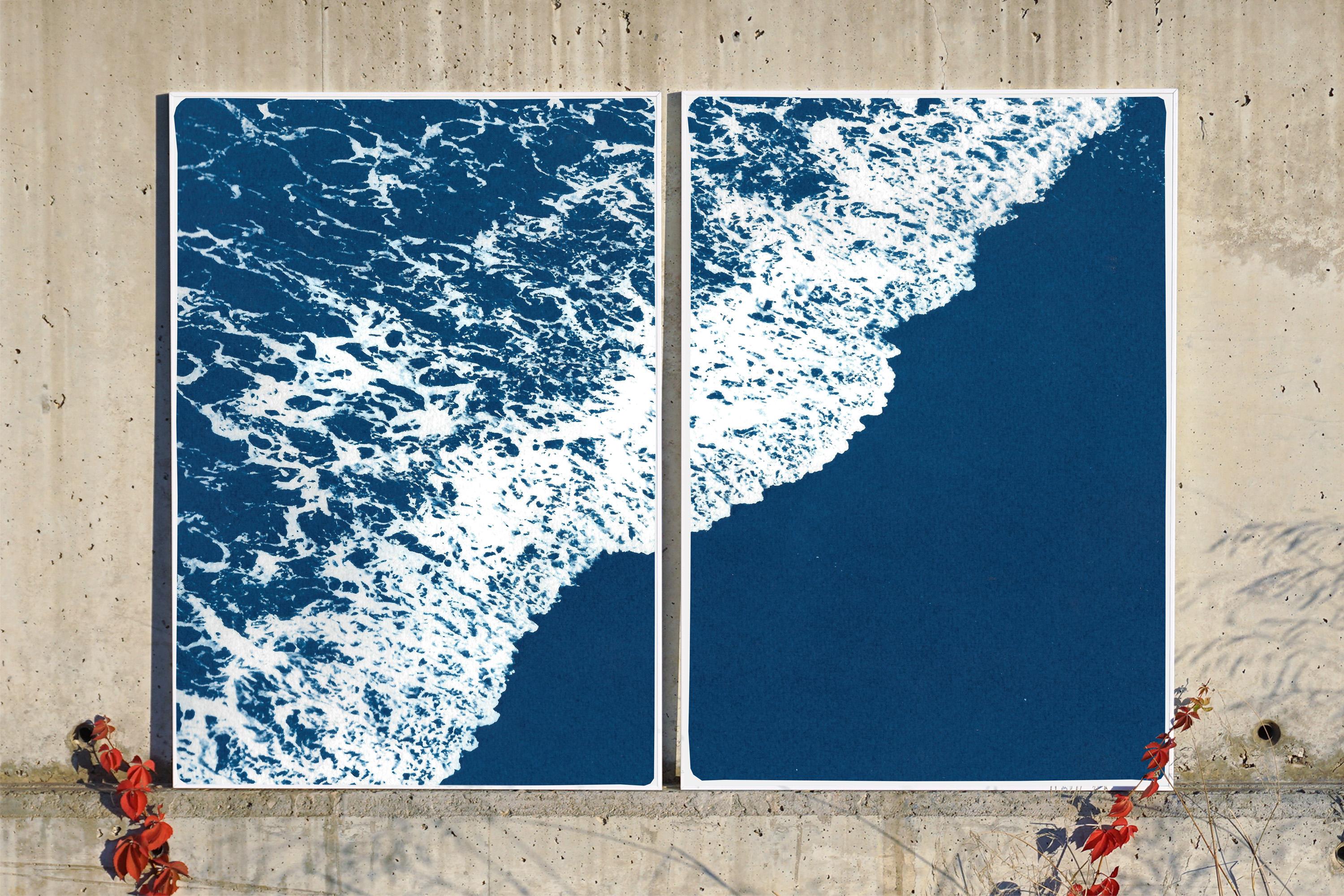 Nautical Diptych of Deep Blue Sandy Shore, Original Cyanotype, Minimal Seascape - Print by Kind of Cyan