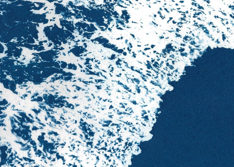 Nautical Diptych of Deep Blue Sandy Shore, Original Cyanotype, Minimal Seascape 1