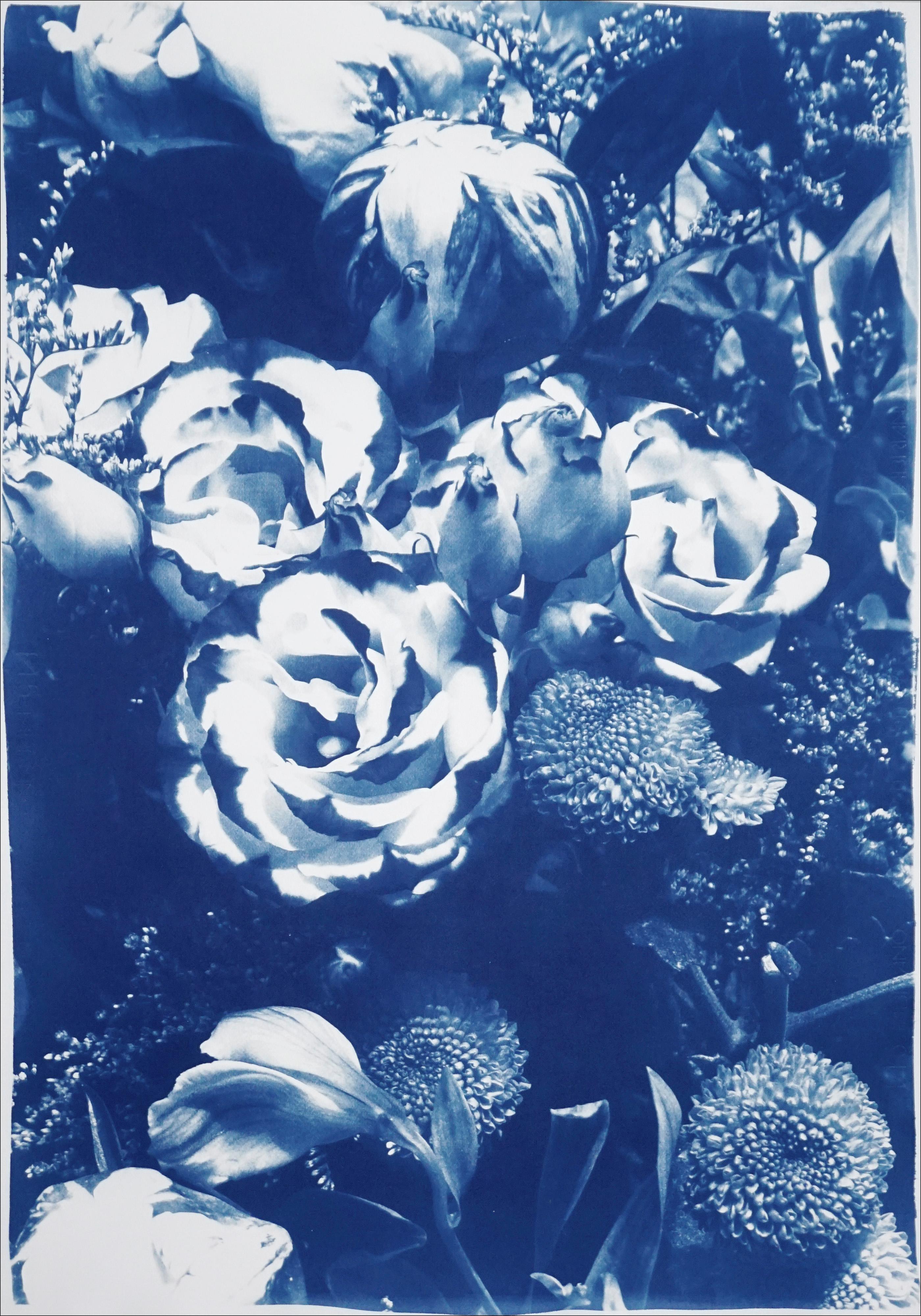 Botanical Cyanotype of Blue Flower Bouquet, Natural Roses on Watercolor Paper