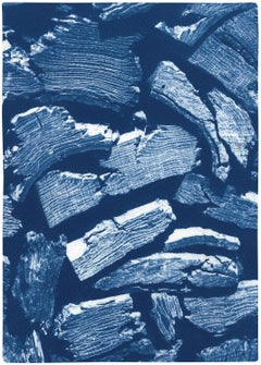 Palette Knife Wood Texture, Blue Tones Handmade Cyanotype Print, Naturalistic