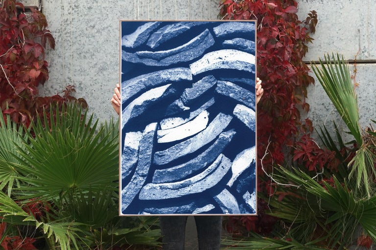 Country House Art of Stacked Curves Tiles in Blue Tones, Large Cyanotype Print For Sale 2