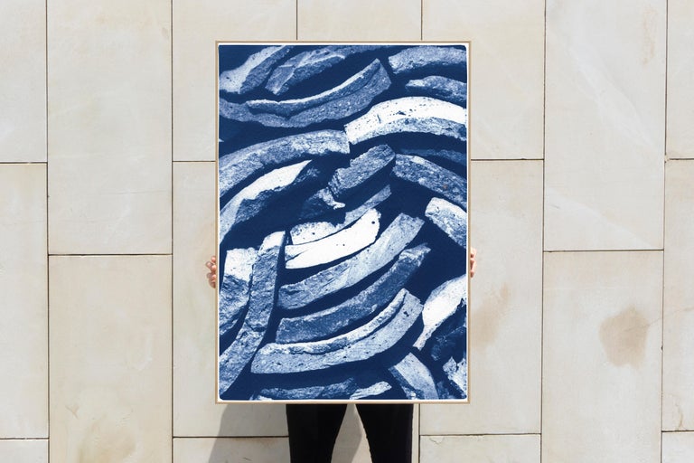 Country House Art of Stacked Curves Tiles in Blue Tones, Large Cyanotype Print For Sale 3