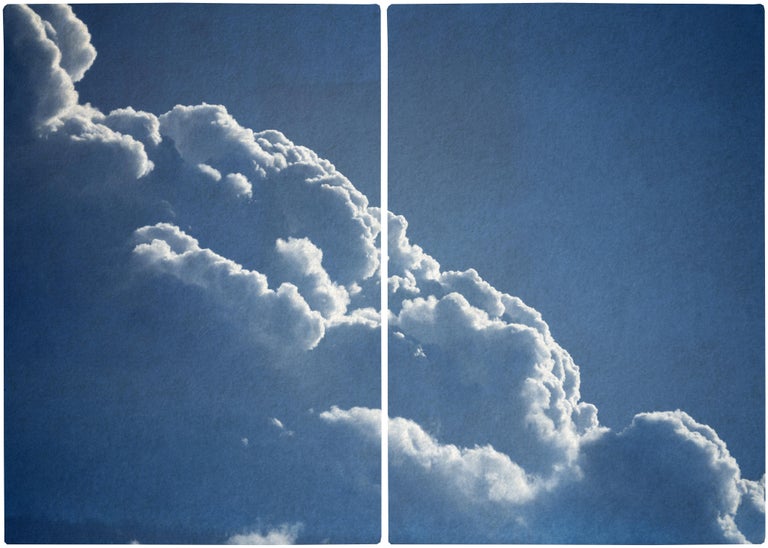 Kind of Cyan Landscape Art - Diptych of Floating Clouds, Blue Tones Sky Scene Cyanotype Print of Silky Shapes