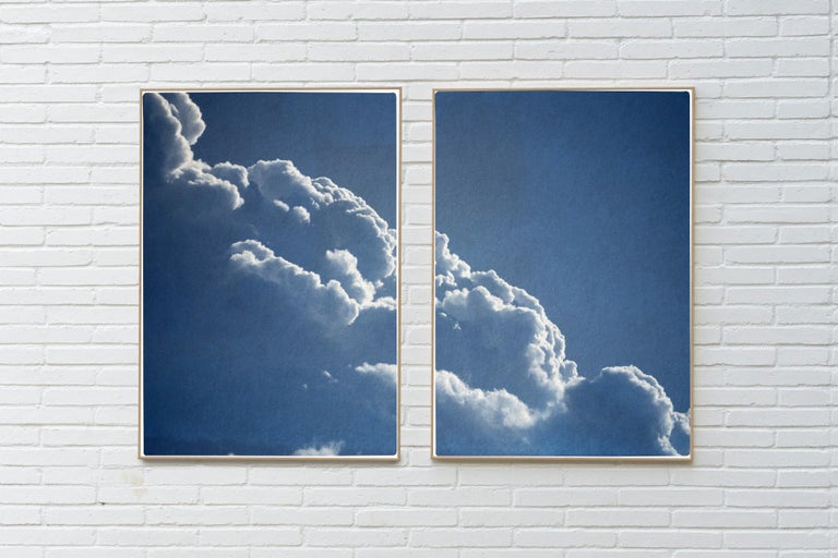 Diptych of Floating Clouds, Blue Tones Sky Scene Cyanotype Print of Silky Shapes For Sale 2