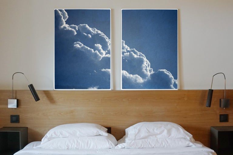 Diptych of Floating Clouds, Blue Tones Sky Scene Cyanotype Print of Silky Shapes - Art by Kind of Cyan