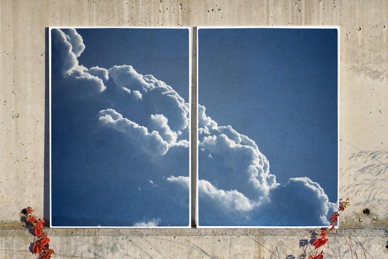 Diptych of Floating Clouds, Blue Tones Sky Scene Cyanotype Print of Silky Shapes For Sale 3