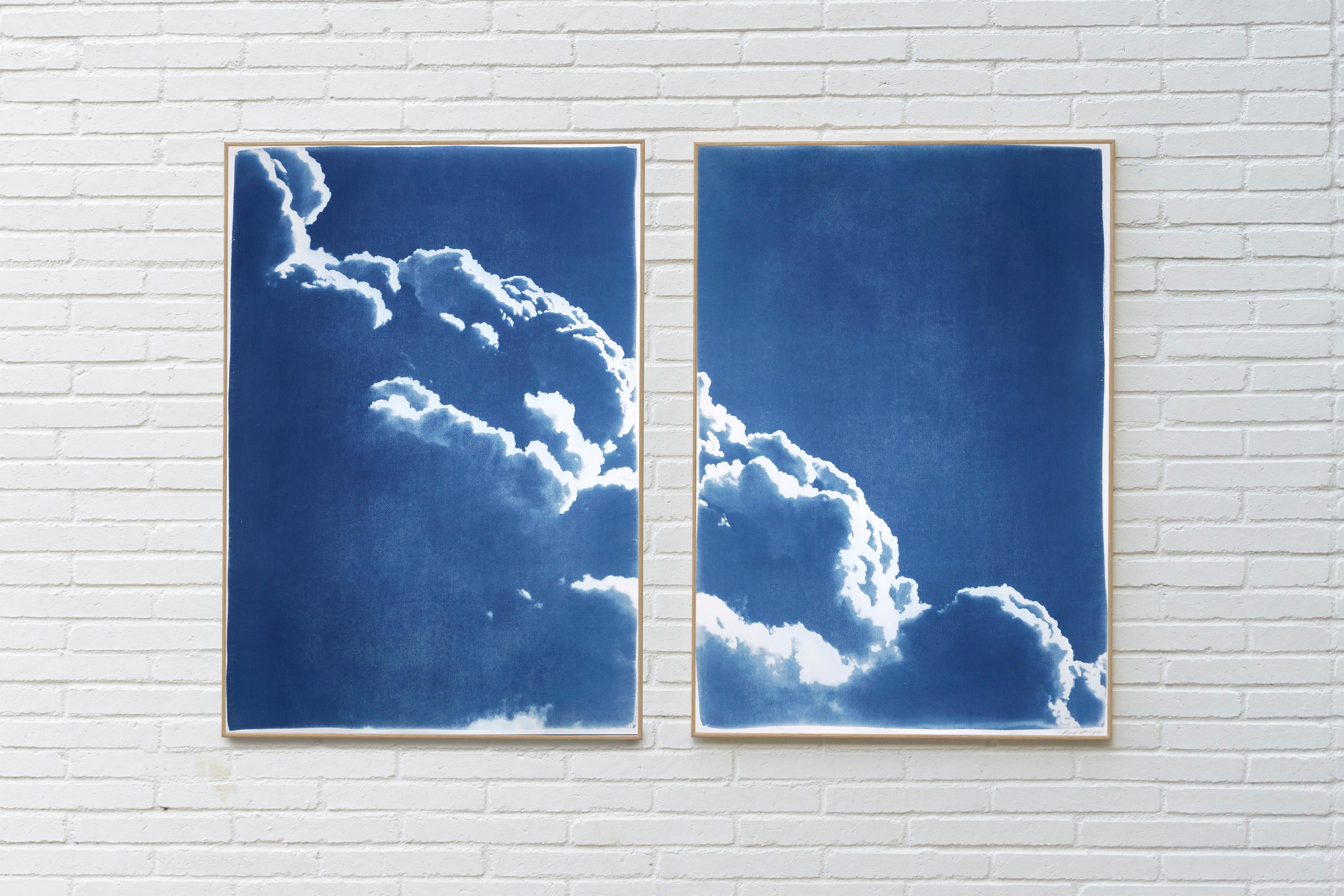 Diptych of Floating Clouds, Blue Tones Sky Scene Cyanotype Print of Silky Shapes - Realist Art by Kind of Cyan