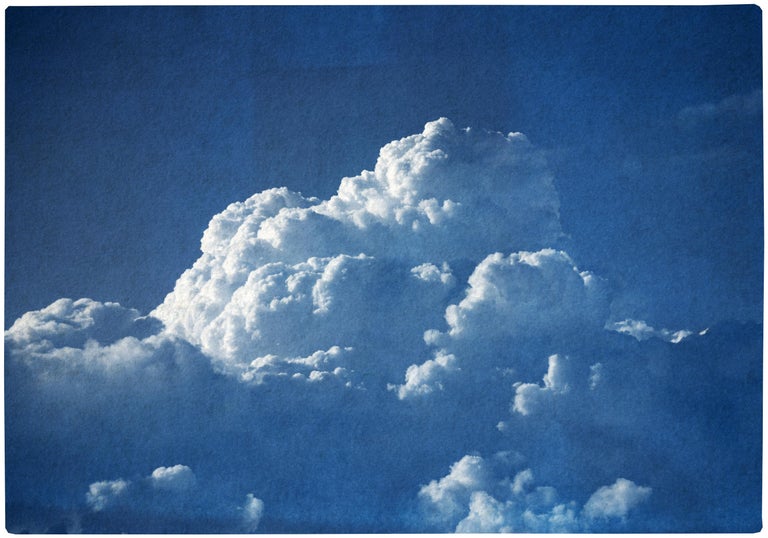 Kind of Cyan Landscape Print - Majestic Cloudy Sky, Handmade Cyanotype Print on Watercolor Paper, Blue Nature 