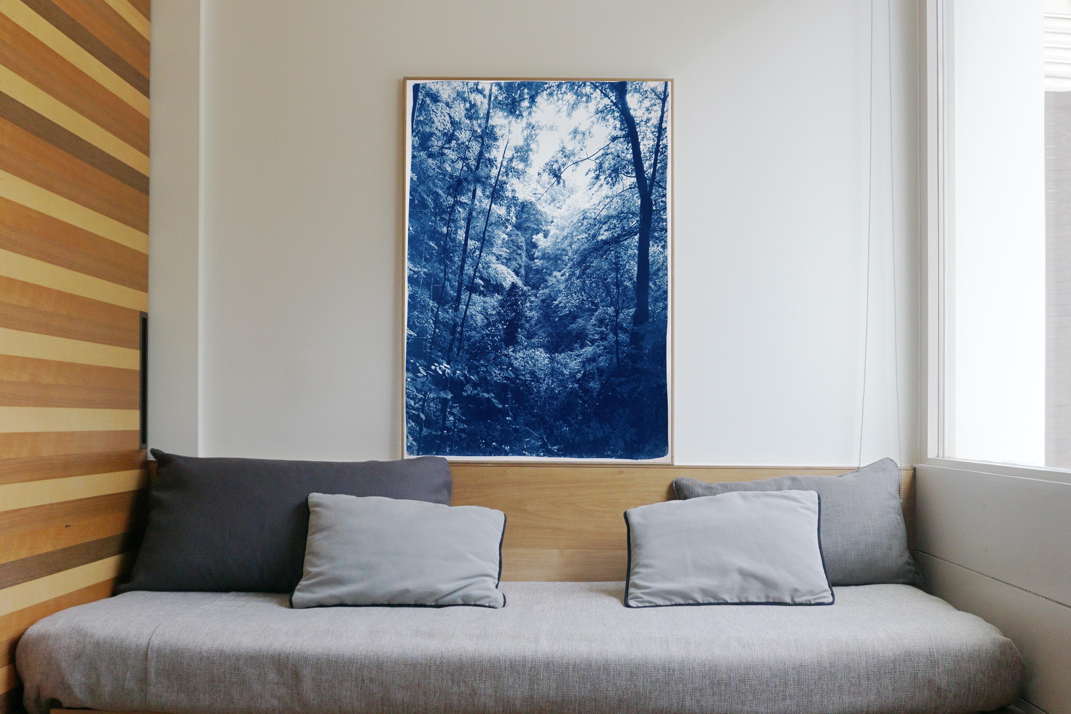 Soft Light in the Woods, Forest Landscape, Blue Tones, Handmade Cyanotype Print - Realist Art by Kind of Cyan