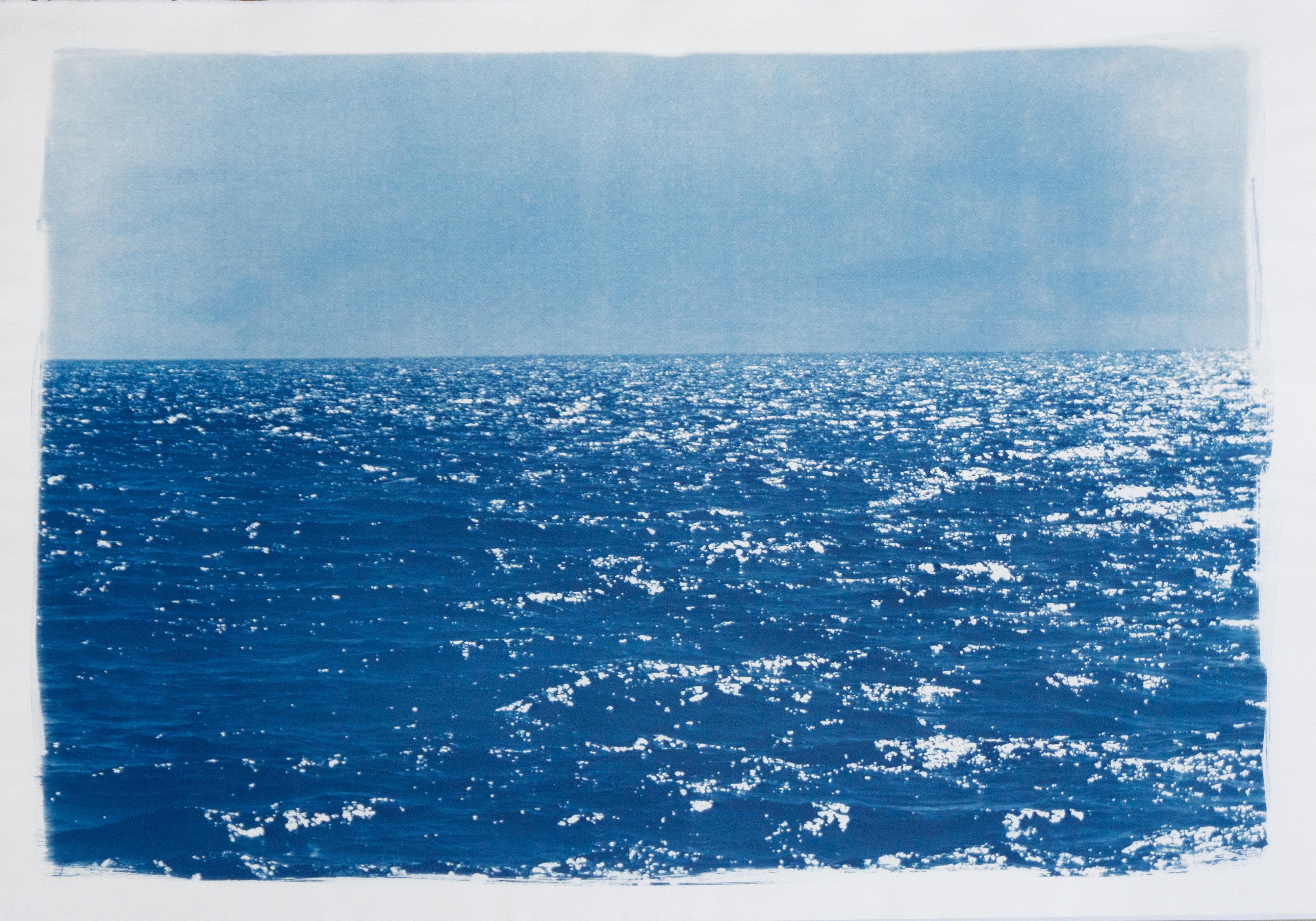 Coastal Blue Cyanotype of Day Time Seascape, Cold Waves, Nautical Painting Shore