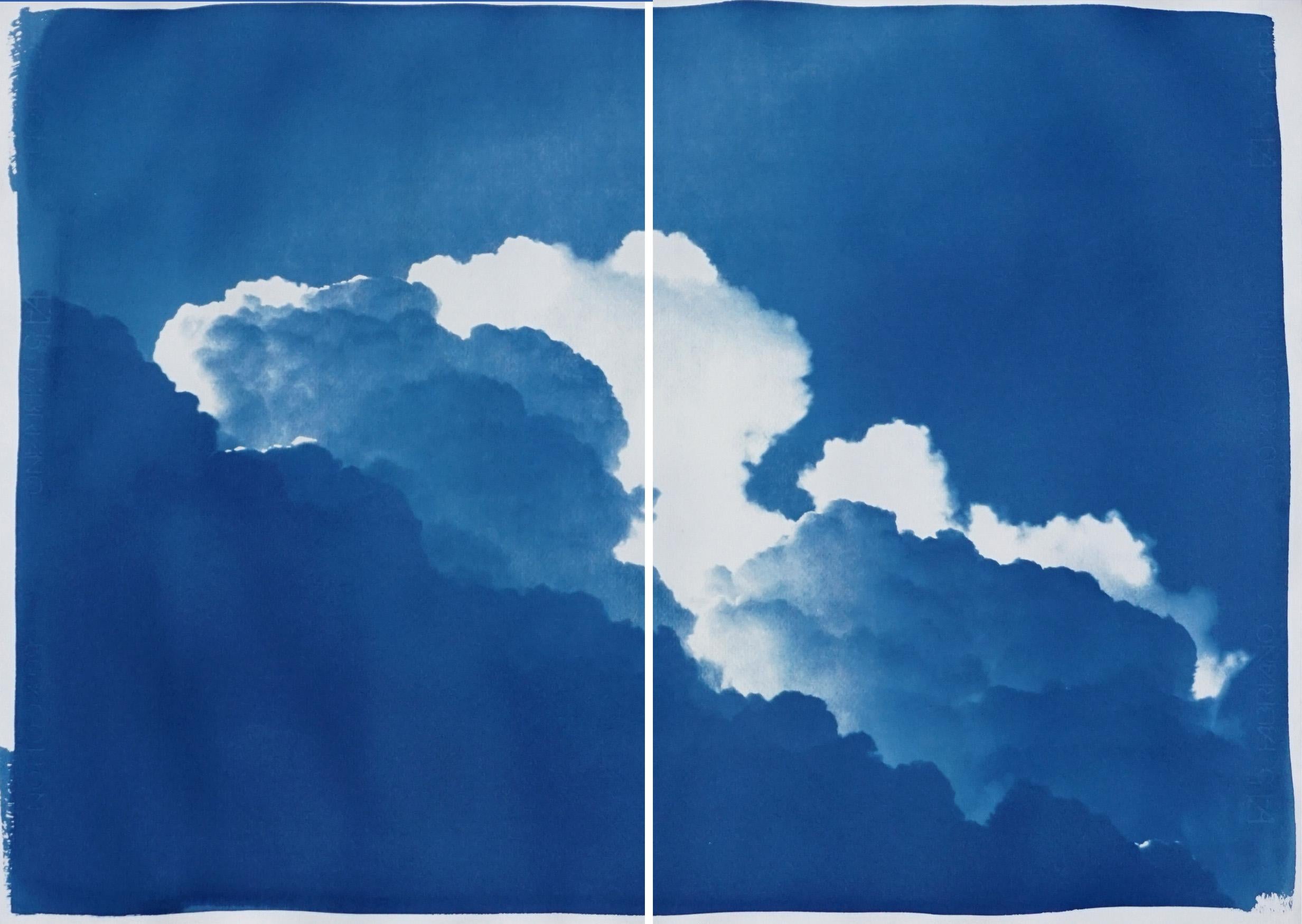 Kind of Cyan Landscape Art - Azure Clouds, Cyanotype Diptych Skyscape on Paper, Springtime Blue Clouds 