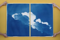 Azure Clouds, Cyanotype Diptych Skyscape on Paper, Springtime Blue Clouds
