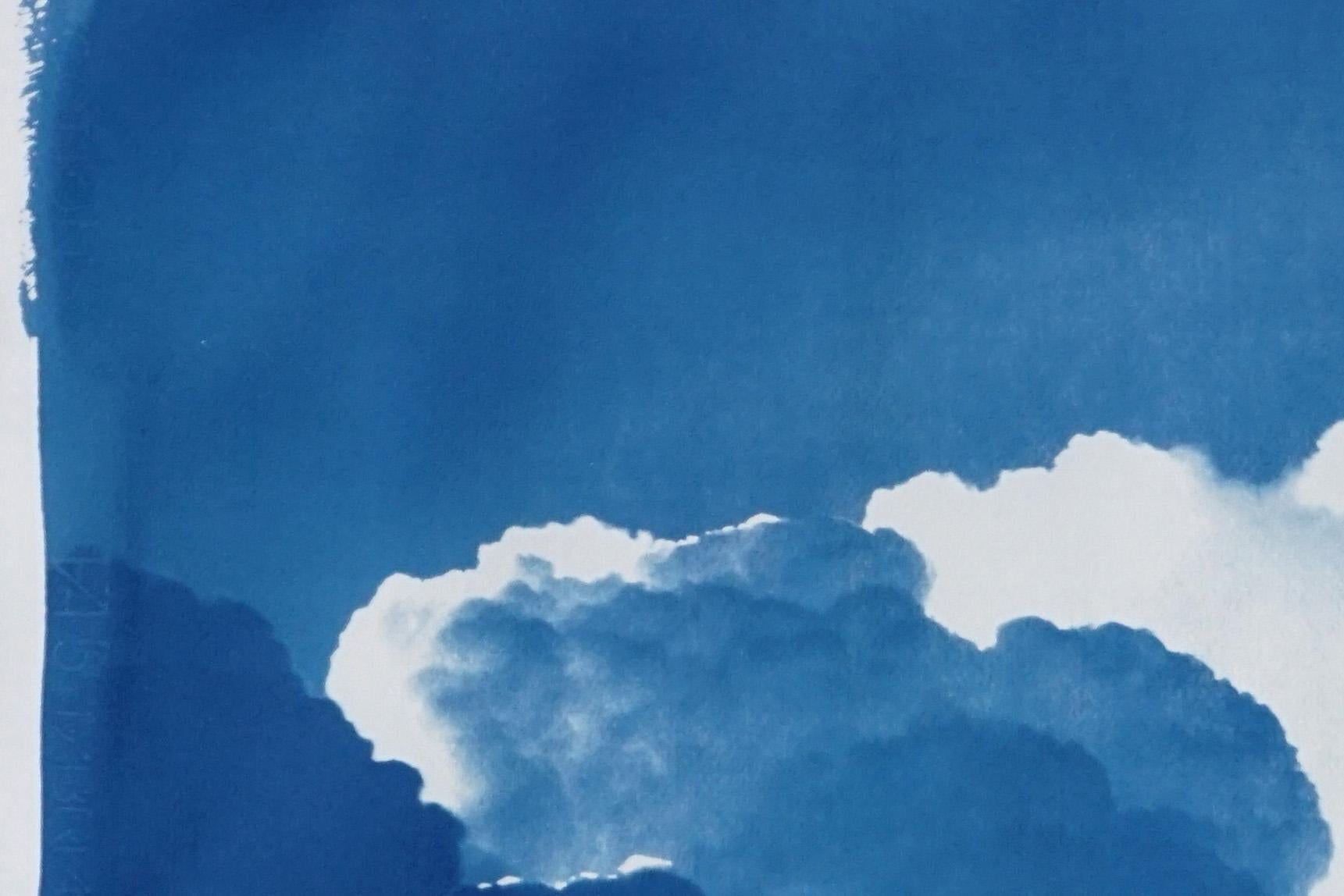 Azure Clouds, Cyanotype Diptych Skyscape on Paper, Springtime Blue Clouds  1