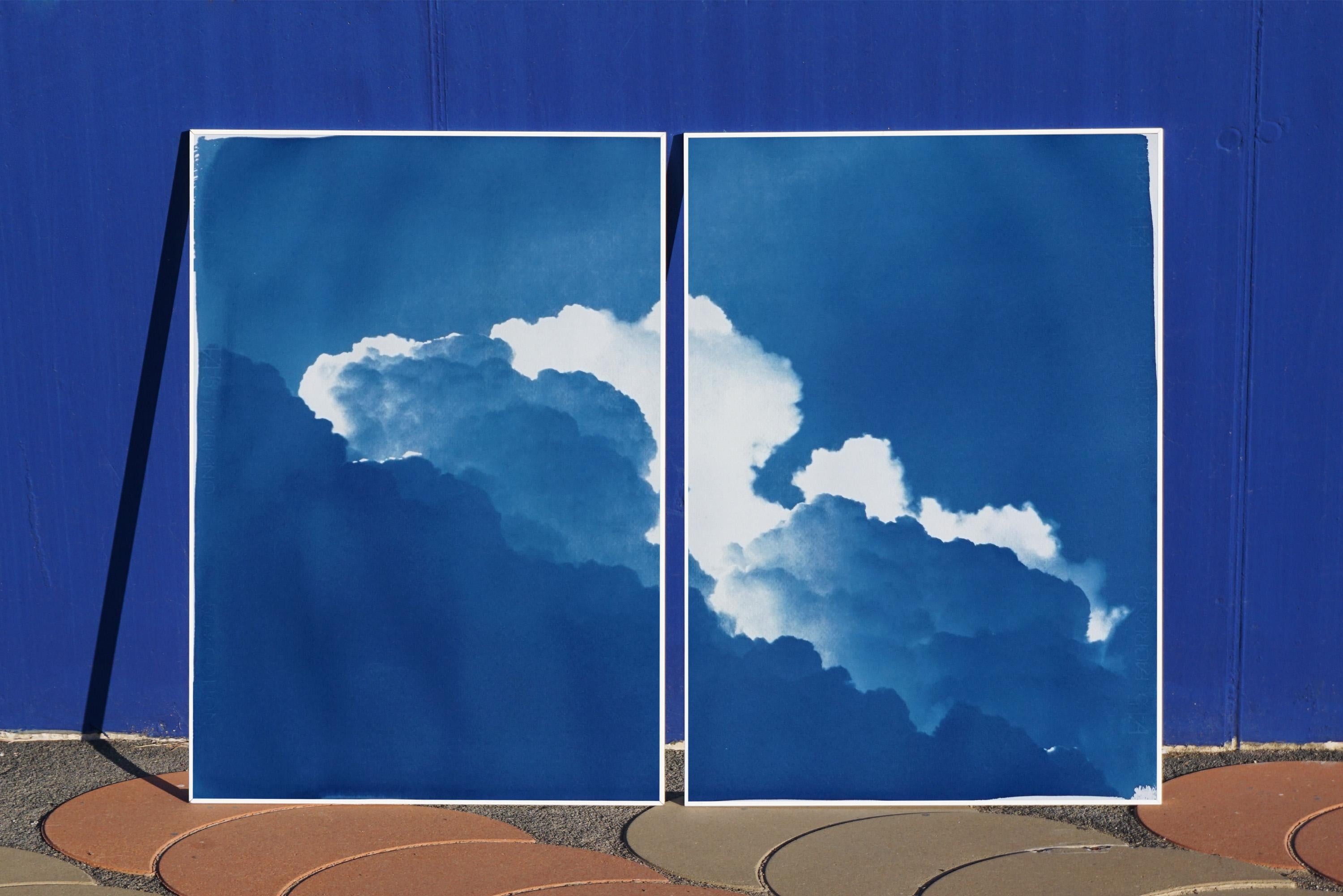 Azure Clouds, Cyanotype Diptych Skyscape on Paper, Springtime Blue Clouds  2