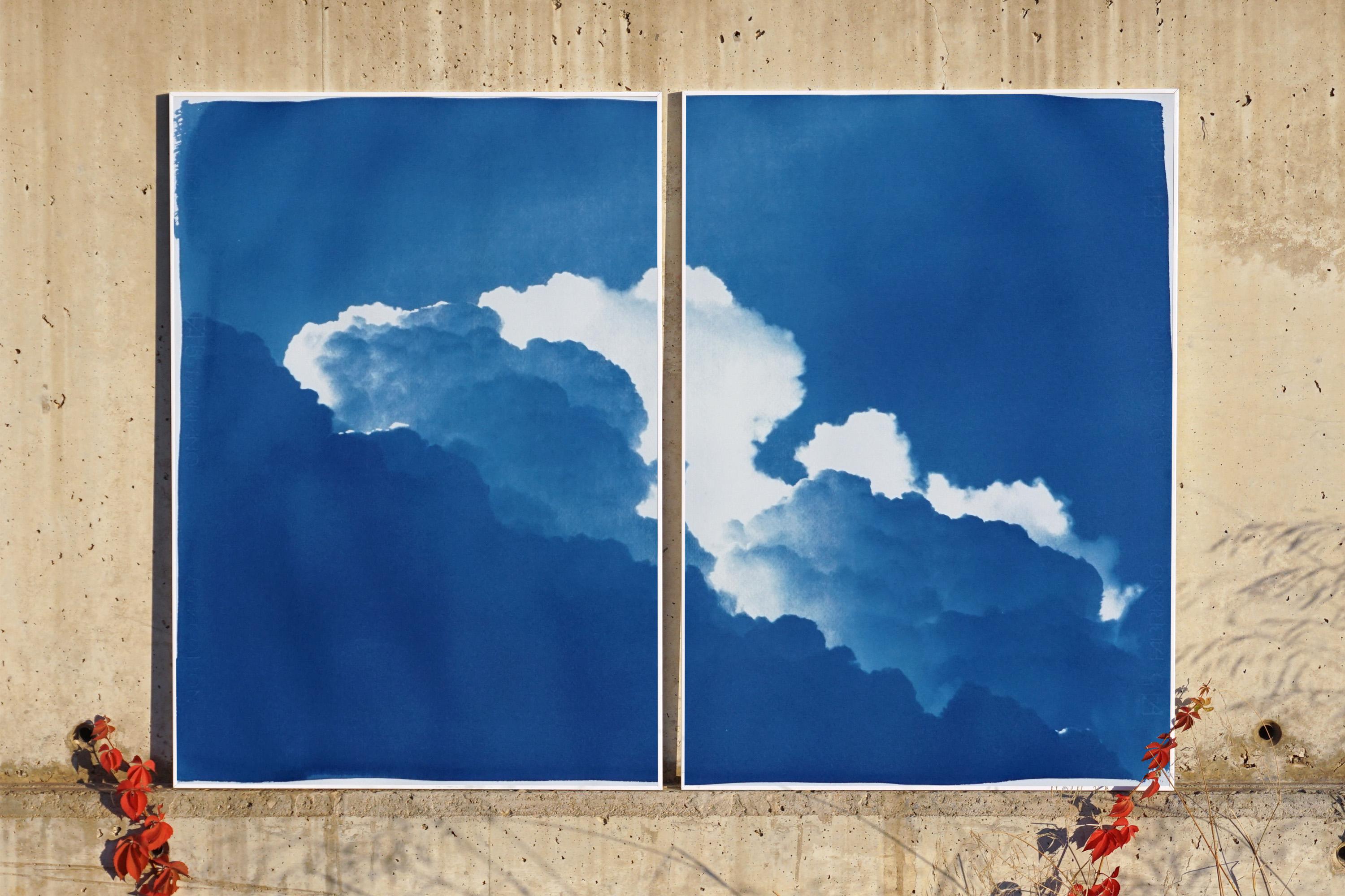 Azure Clouds, Cyanotype Diptych Skyscape on Paper, Springtime Blue Clouds  3