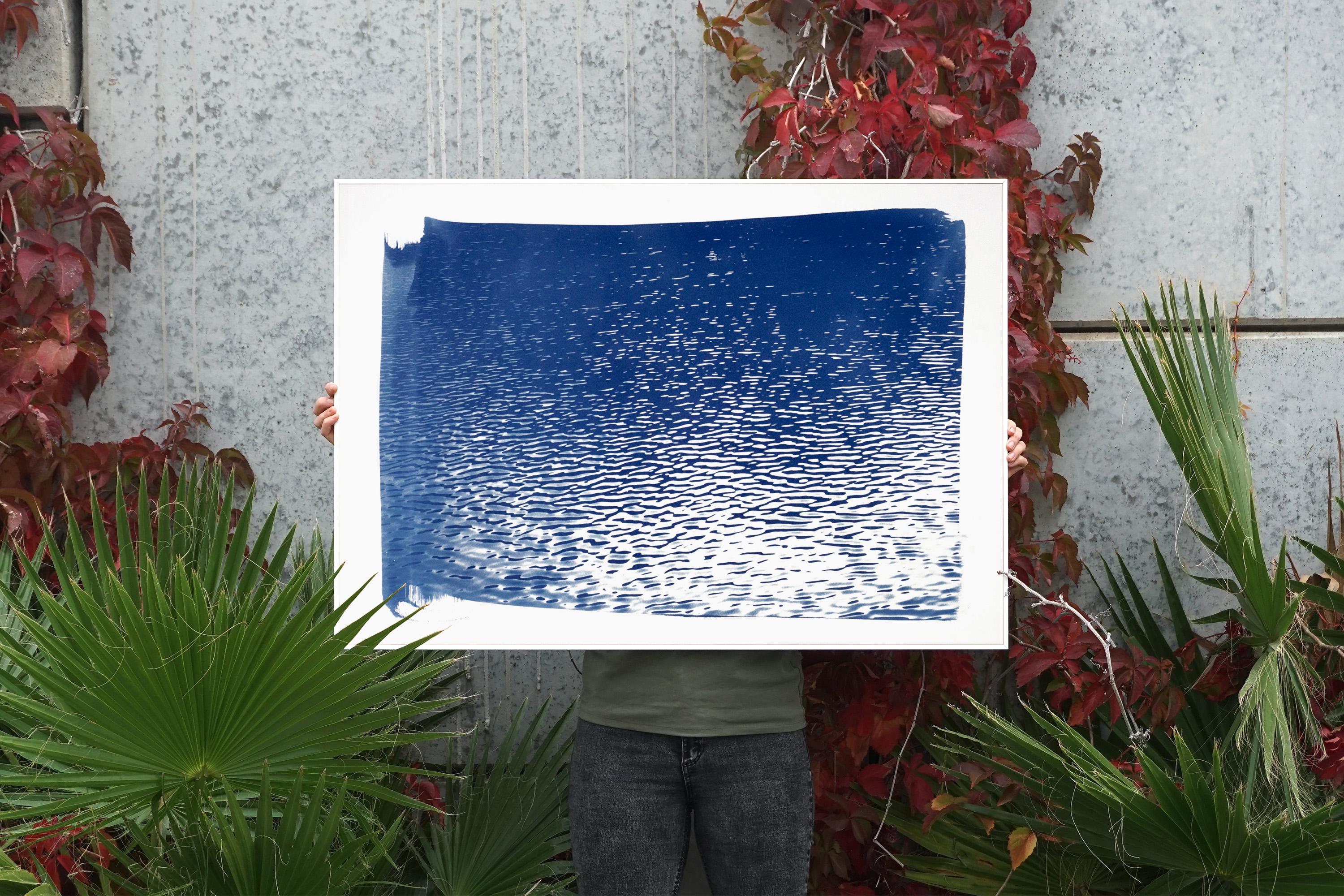 Lake Tahoe Panorama,  Minimal Blue Tones Cyanotype Print on Watercolor Paper, - Art by Kind of Cyan