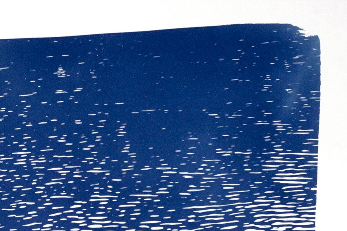 Lake Tahoe Panorama,  Minimal Blue Tones Cyanotype Print on Watercolor Paper, - Minimalist Art by Kind of Cyan