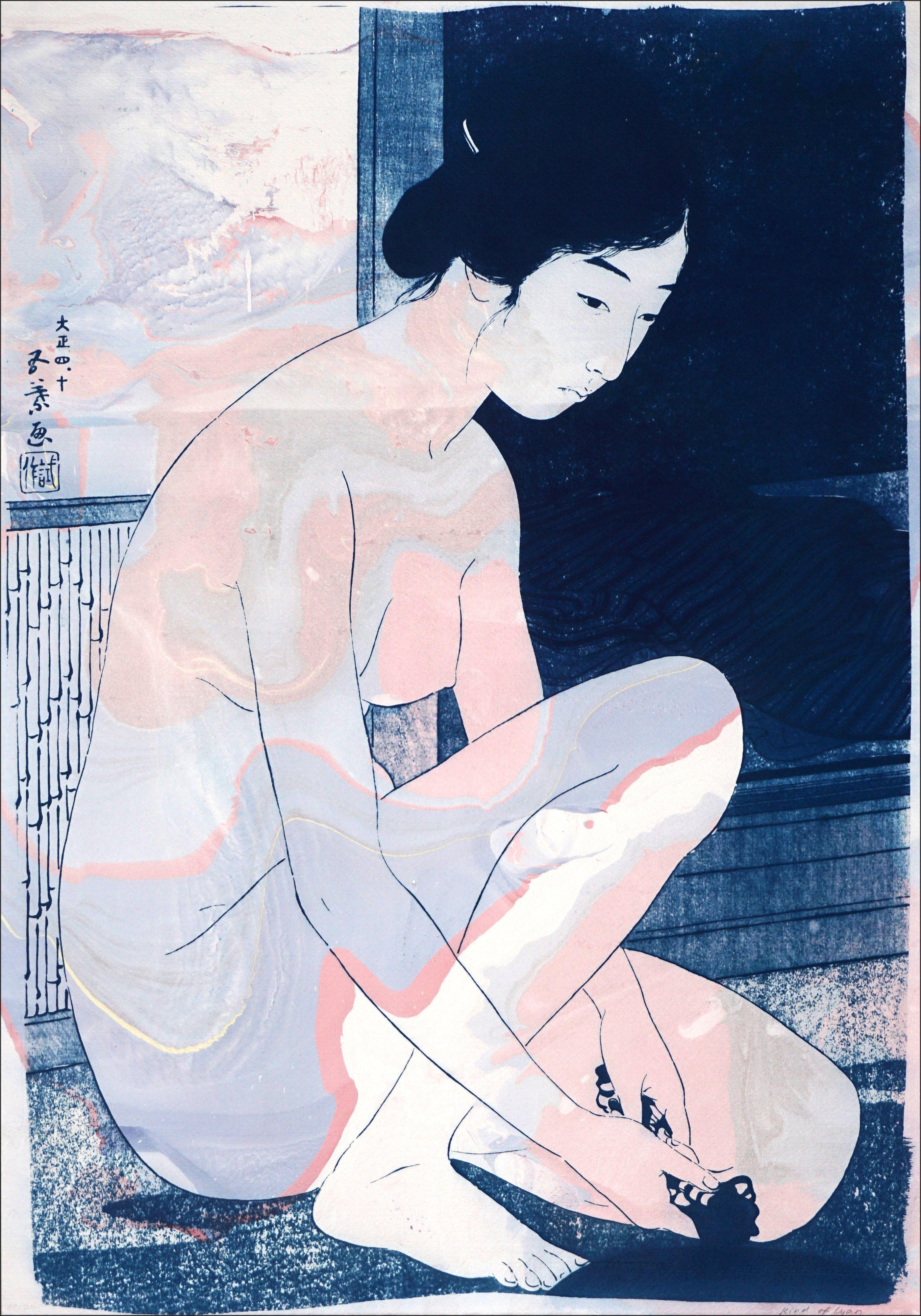 Kind of Cyan Nude Print - Hashiguchi Goyo Inspired Ukiyo-e, Nude Figures, Japanese Style Marbling in Mauve