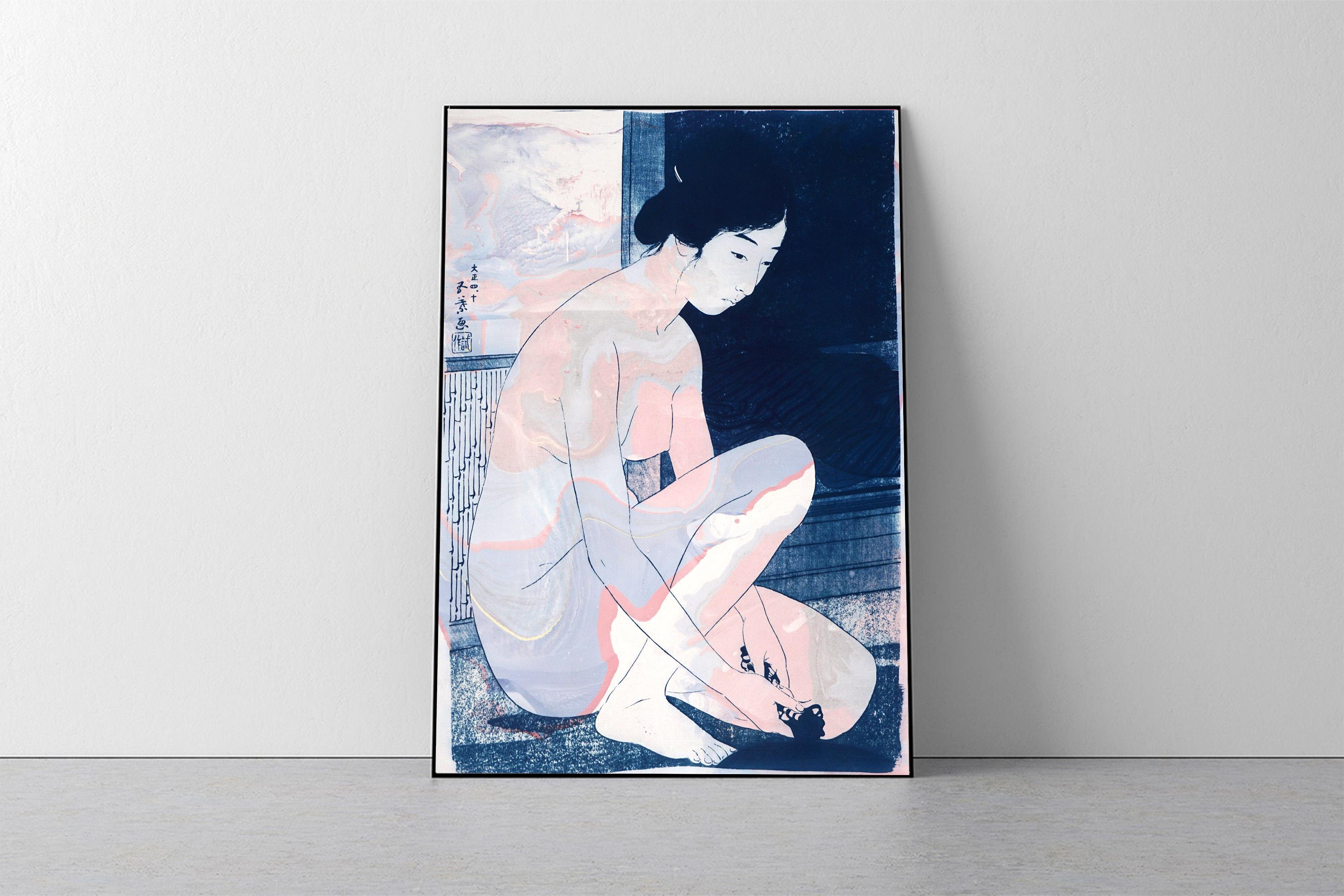Hashiguchi Goyo Inspired Ukiyo-e, Nude Figures, Japanese Style Marbling in Mauve - Print by Kind of Cyan