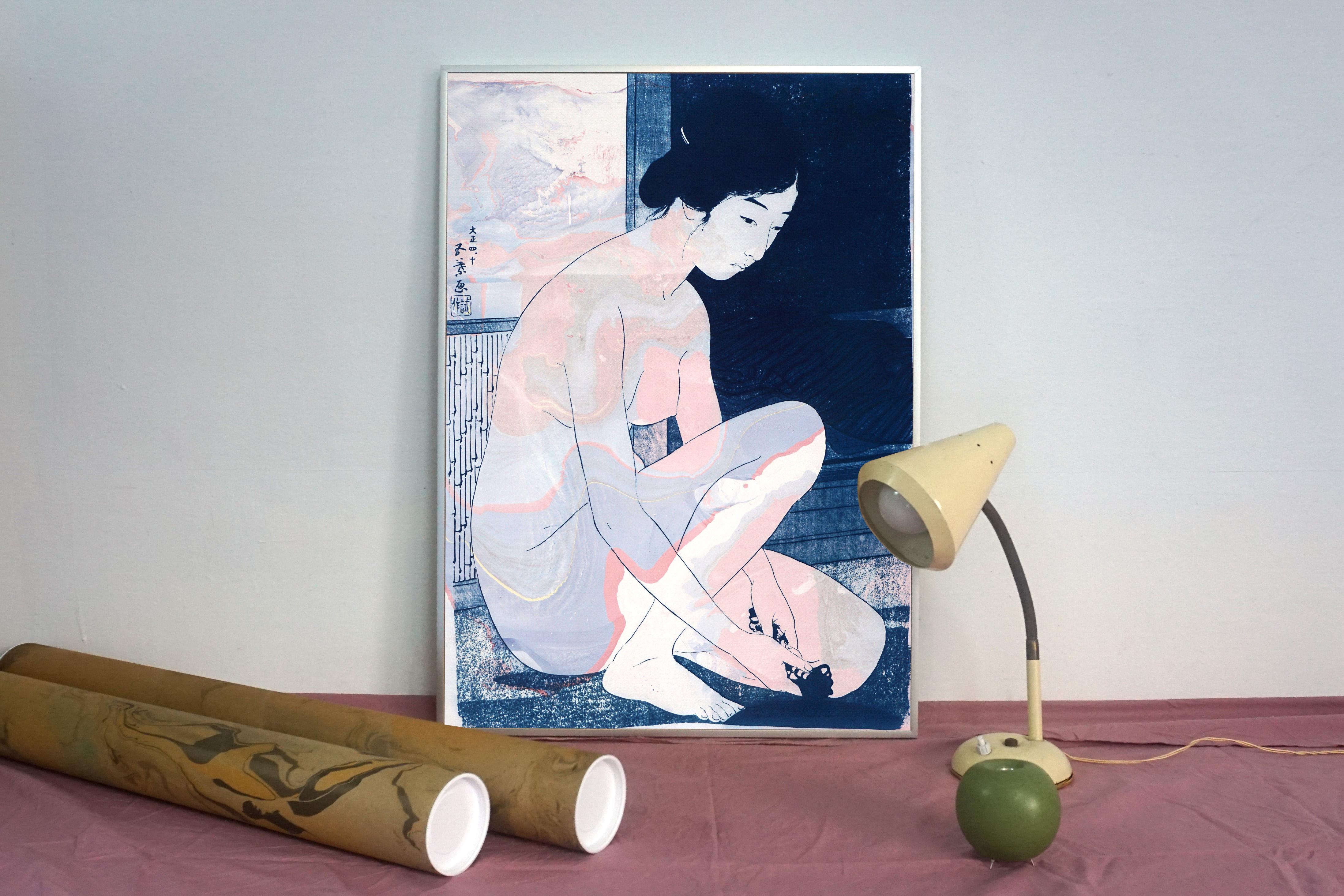 Hashiguchi Goyo Inspired Ukiyo-e, Nude Figures, Japanese Style Marbling in Mauve - Old Masters Print by Kind of Cyan