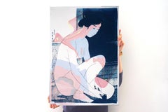 Traditional Japanese Scene, Geisha Nude, Ukiyo-e Style, Mixed Media Marbling