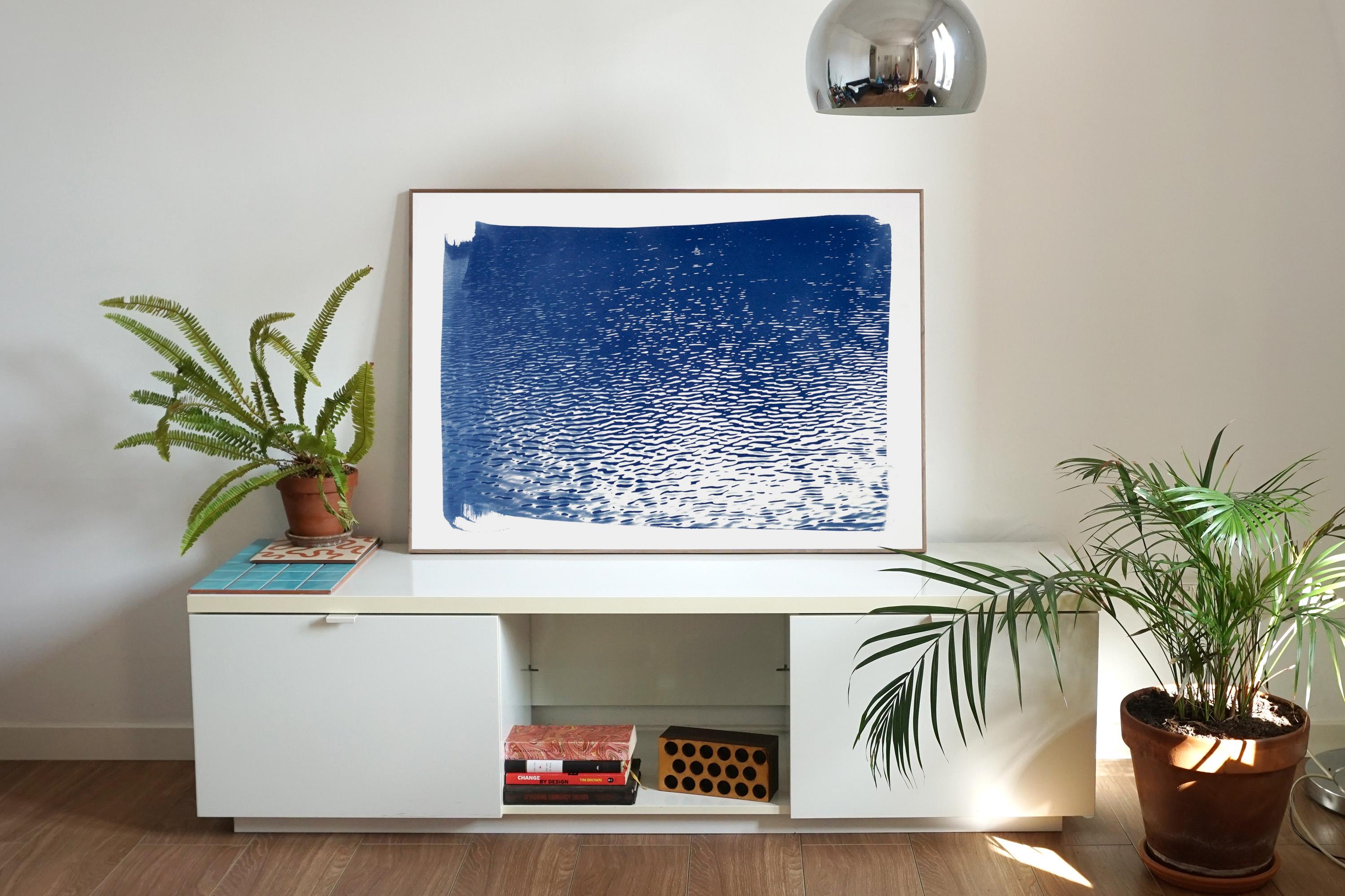 Lake Tahoe Panorama,  Minimal Blue Tones Cyanotype Print on Watercolor Paper - Minimalist Art by Kind of Cyan