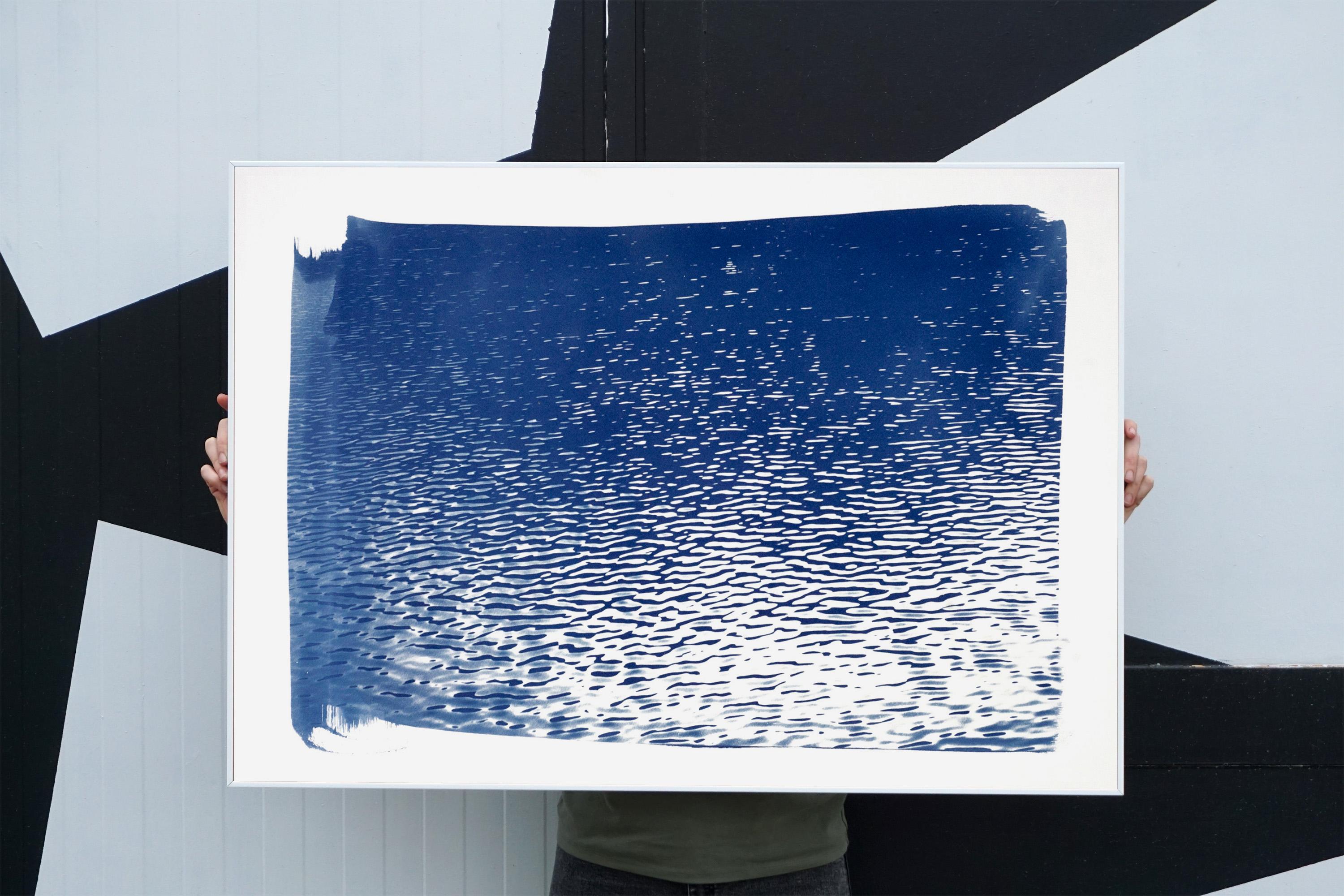 Lake Tahoe Panorama,  Minimal Blue Tones Cyanotype Print on Watercolor Paper For Sale 1