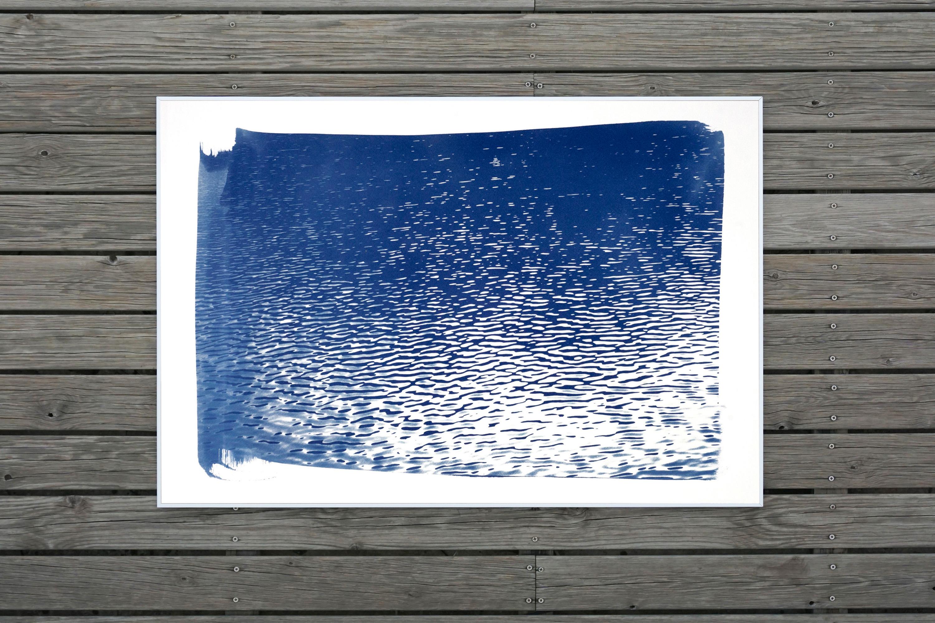 Lake Tahoe Panorama,  Minimal Blue Tones Cyanotype Print on Watercolor Paper For Sale 4