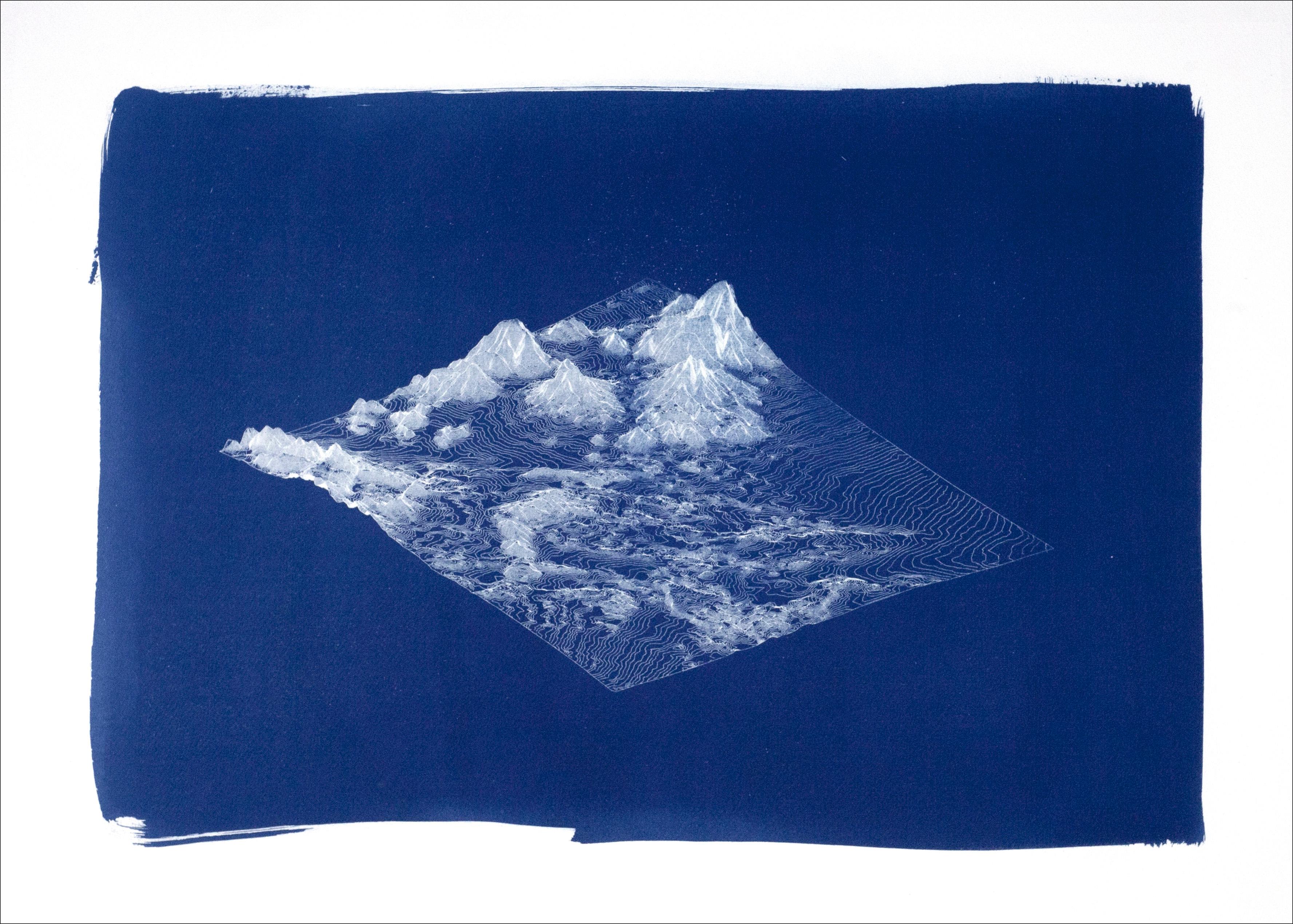 Render 3D Paisaje montañoso, Cianotipia hecha a mano en tonos azul oscuro, Minimalista