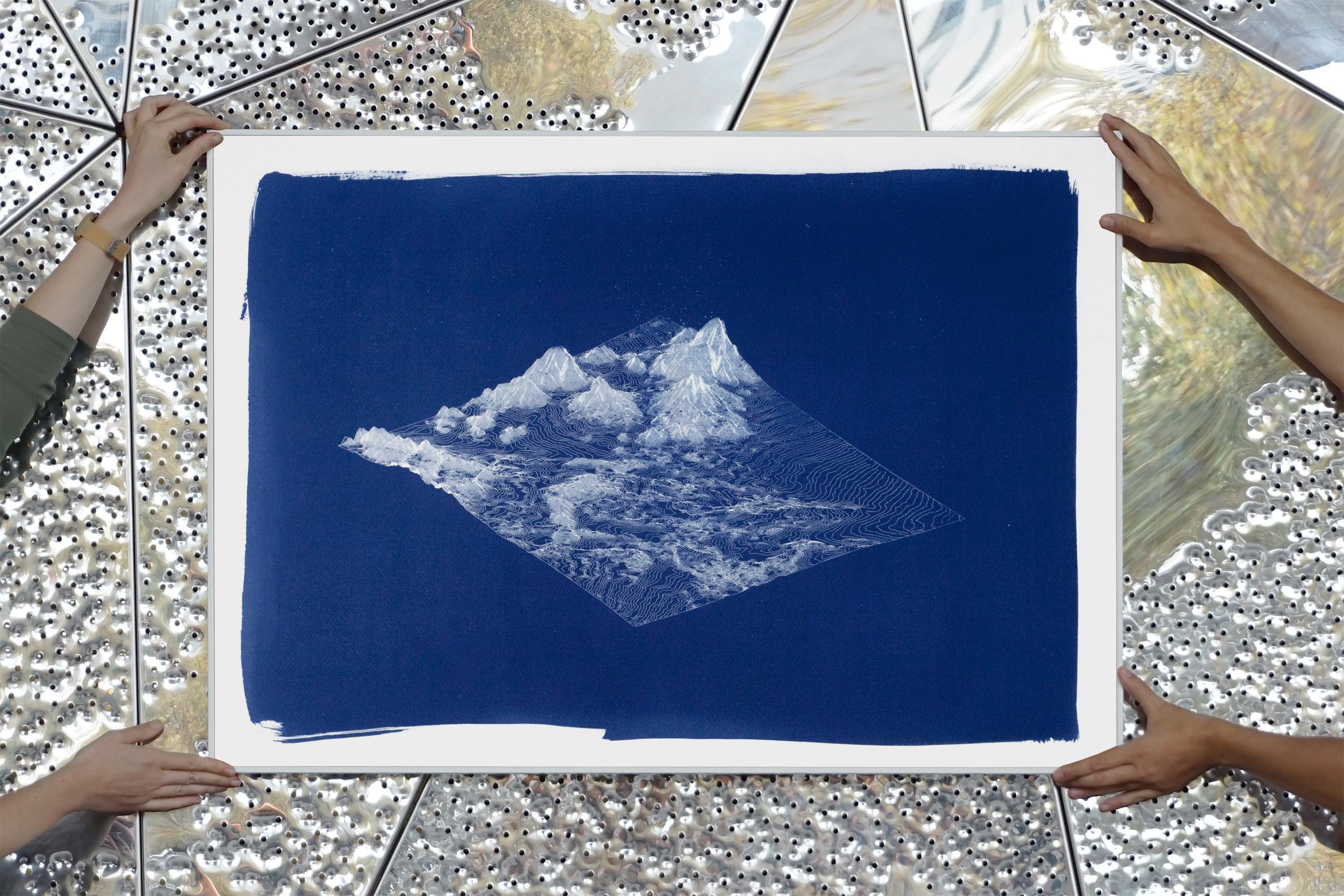 Rendu 3D - Paysage de montagne en 3D, cyanotype fait à la main dans des tons bleu profond, minimaliste  - Art de Kind of Cyan