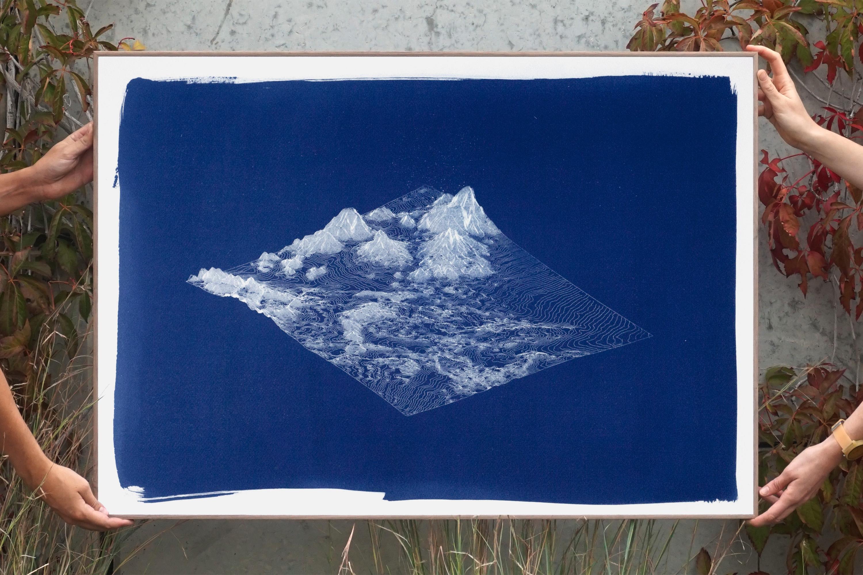 Render 3D Paisaje montañoso, Cianotipia hecha a mano en tonos azul oscuro, Minimalista en venta 1