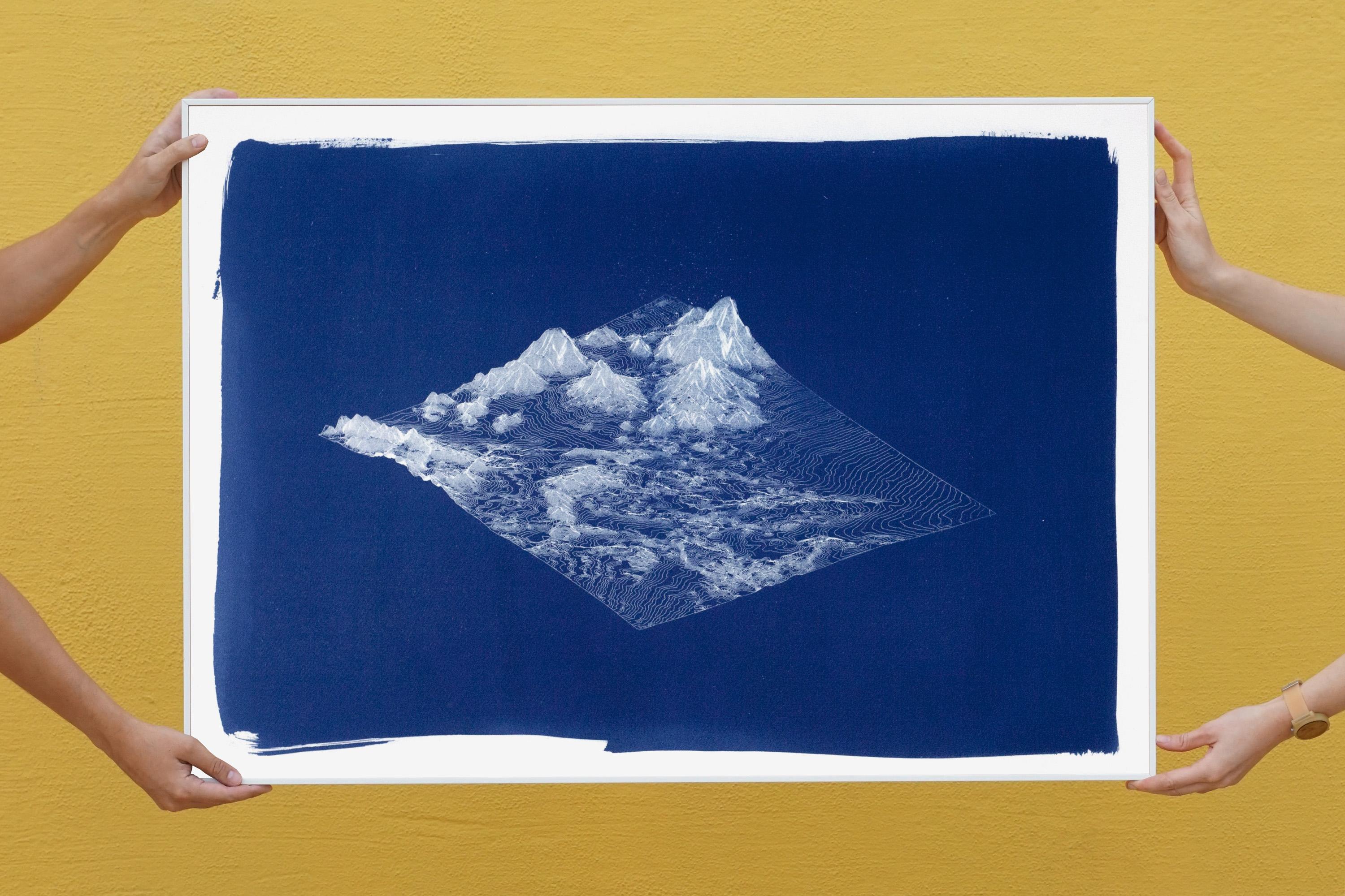 This is an exclusive handprinted limited edition cyanotype.
Contemporary linear cyanotype showing a 3D mountain terrain.

Details:
+ Title: 3D Render Mountain
+ Year: 2021
+ Edition Size: 50
+ Stamped and Certificate of Authenticity provided
+