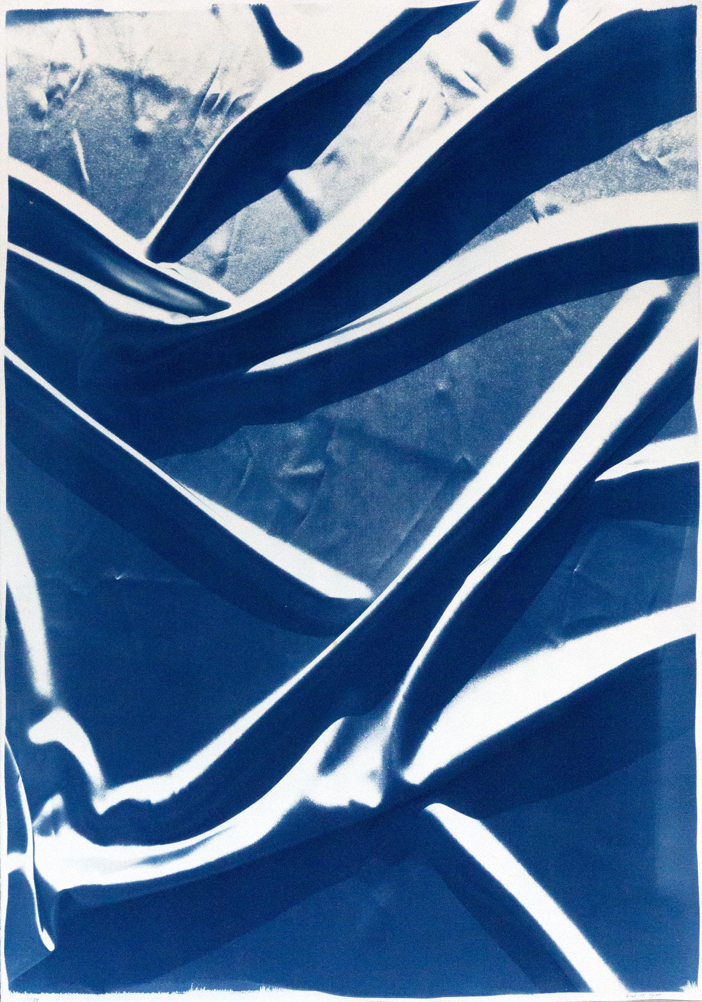Kind of Cyan Abstract Print - Classic Blue Patterns, Handmade Cyanotype, Abstract Smooth Silk Fabric on Paper