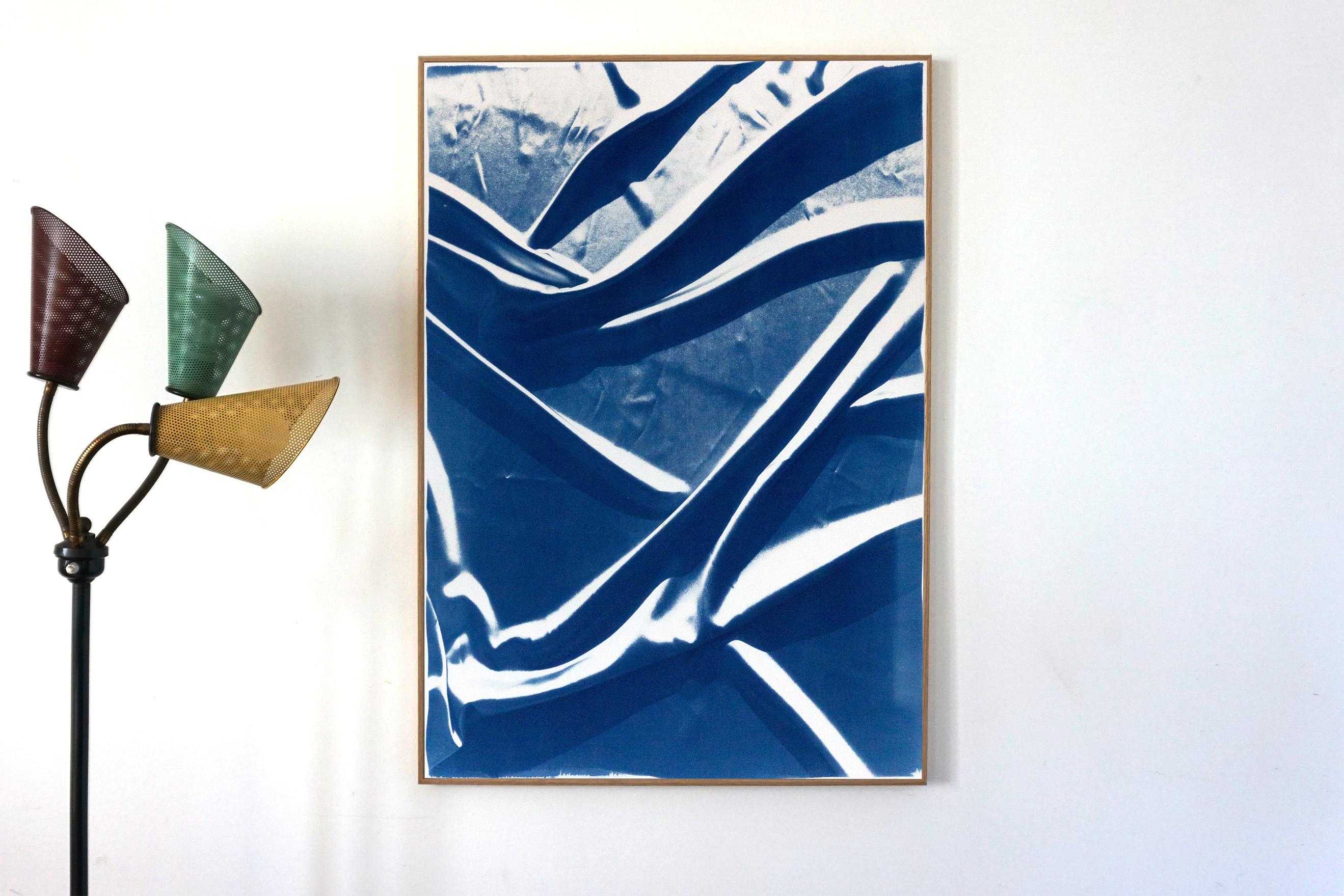 Classic Blue Patterns, Handmade Cyanotype, Abstract Smooth Silk Fabric on Paper - Print by Kind of Cyan