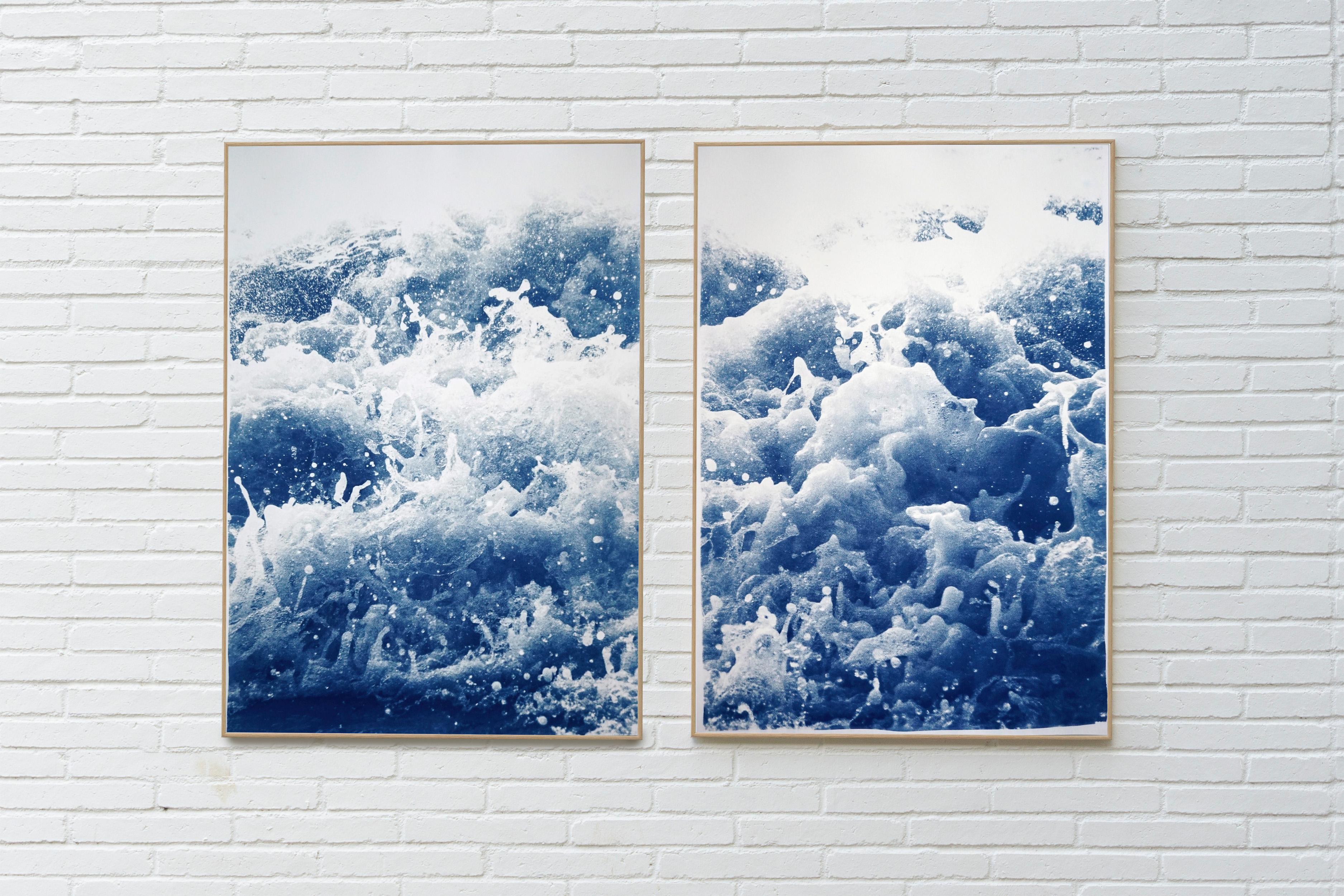 Tempestuous Tidal in Blue, Stormy Seascape Diptych, Duo Handmade Cyanotype Print - Art by Kind of Cyan