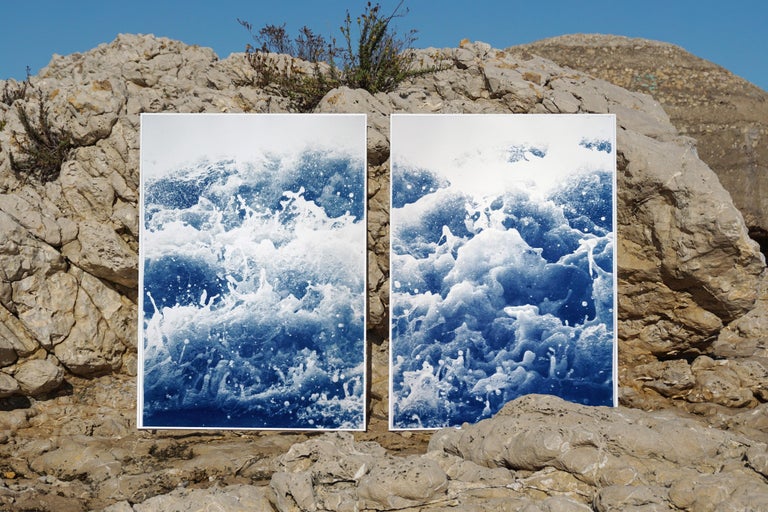 Tempestuous Tidal in Blue, Stormy Seascape Diptych, Cyanotype Print, Duo, Blue For Sale 1