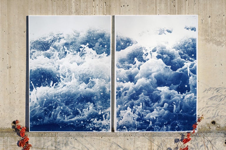 Tempestuous Tidal in Blue, Stormy Seascape Diptych, Cyanotype Print, Duo, Blue For Sale 5